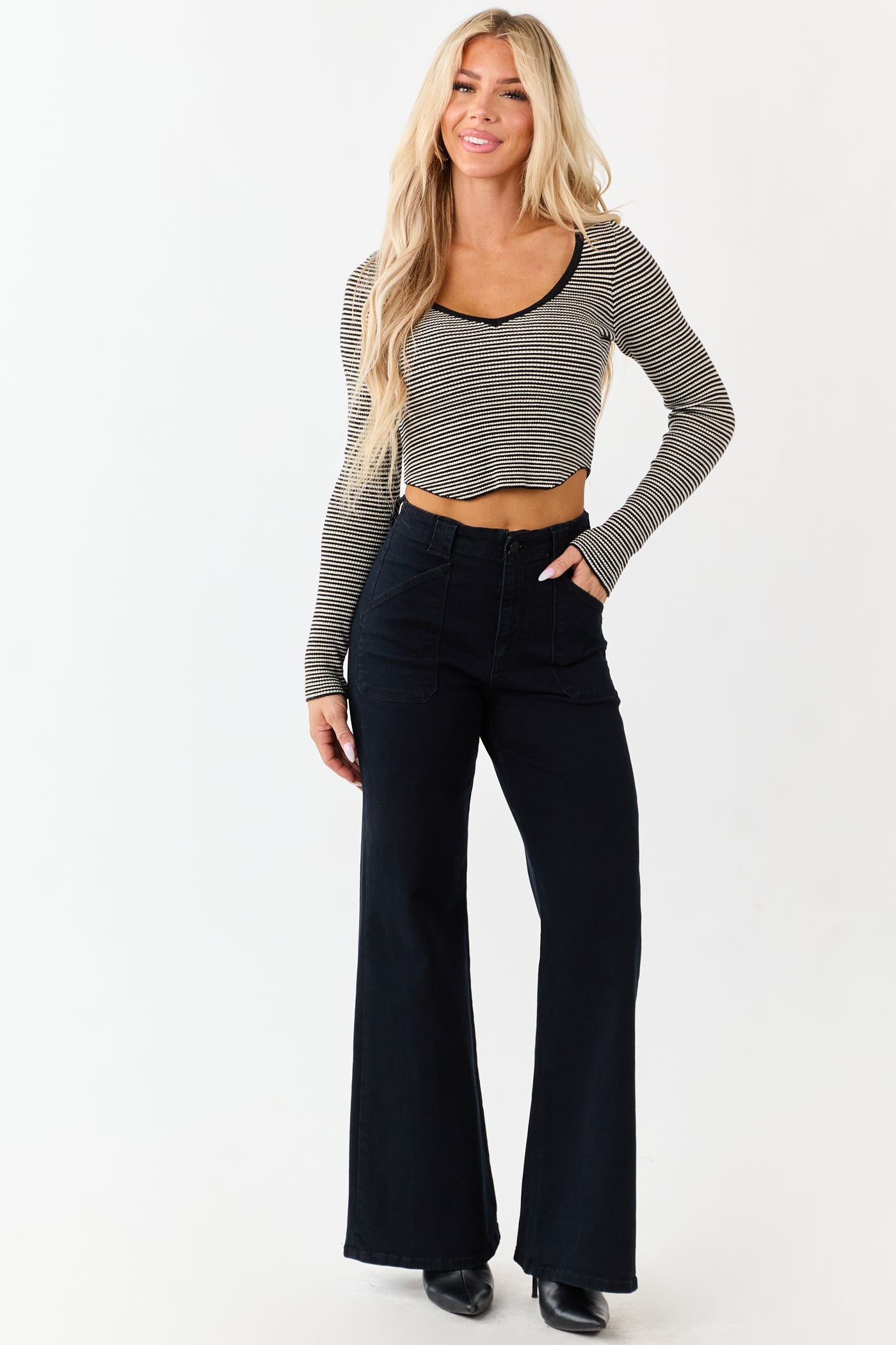 Black Washed Stretchy High Rise Wide Leg Jeans