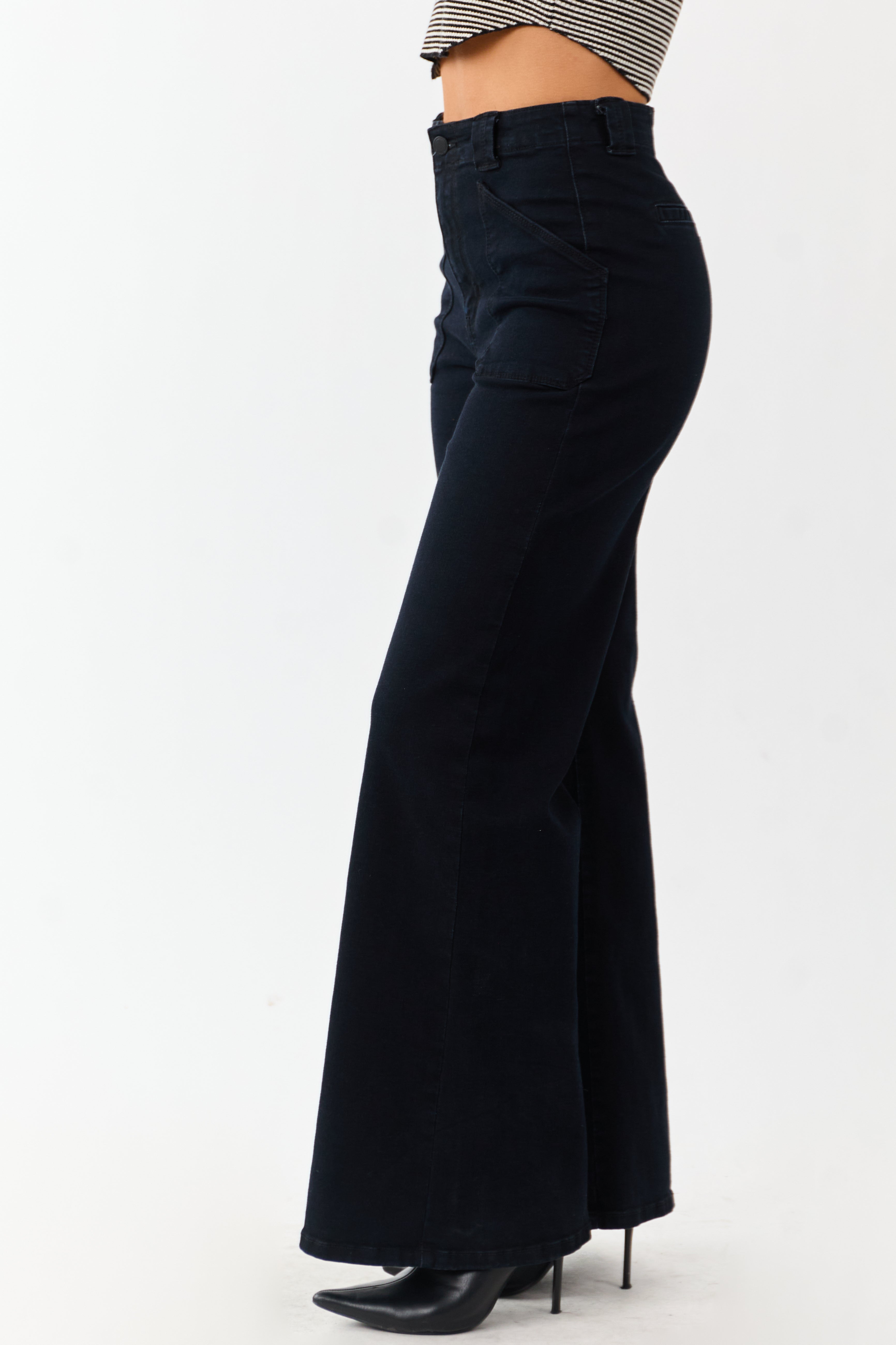 Black Washed Stretchy High Rise Wide Leg Jeans