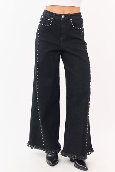 Black Washed Studded Stretchy Wide Leg Jeans
