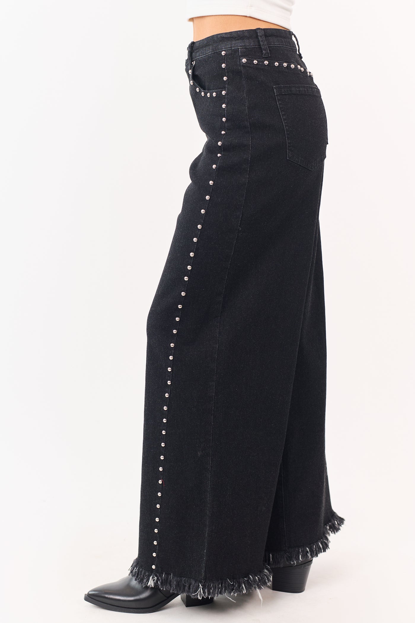 Black Washed Studded Stretchy Wide Leg Jeans