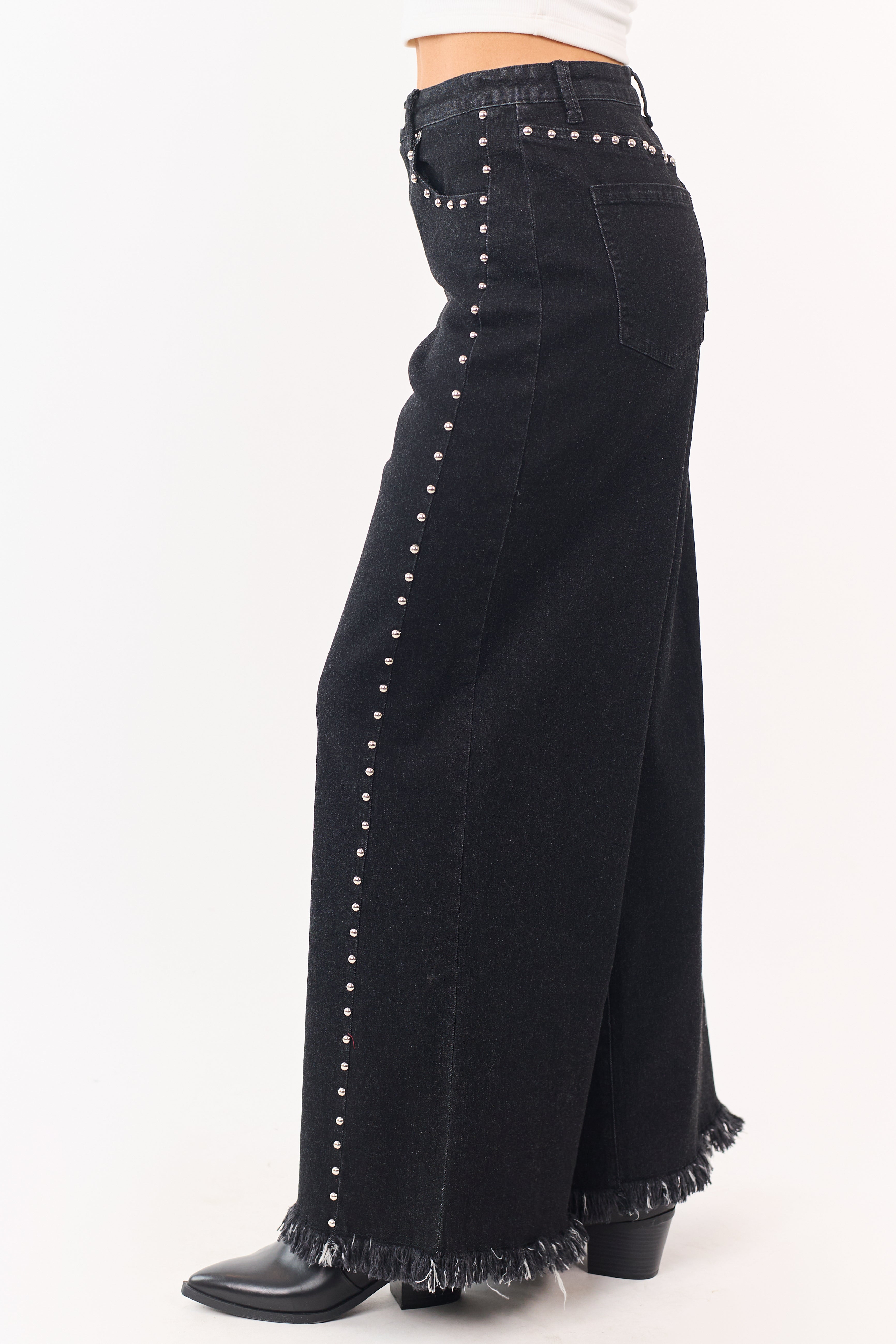 Black Washed Studded Stretchy Wide Leg Jeans