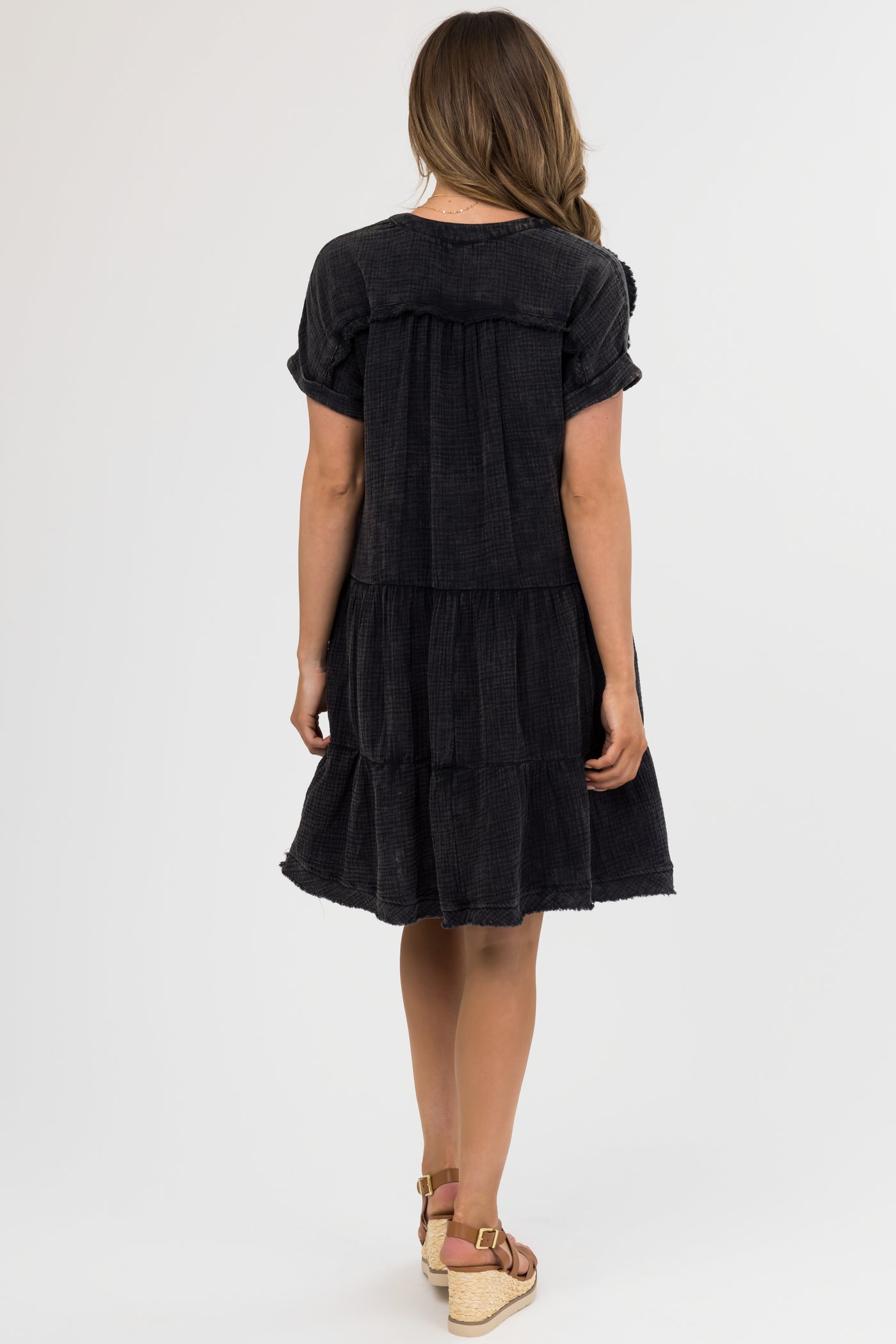 Black Washed Tiered V Neck Mini Dress