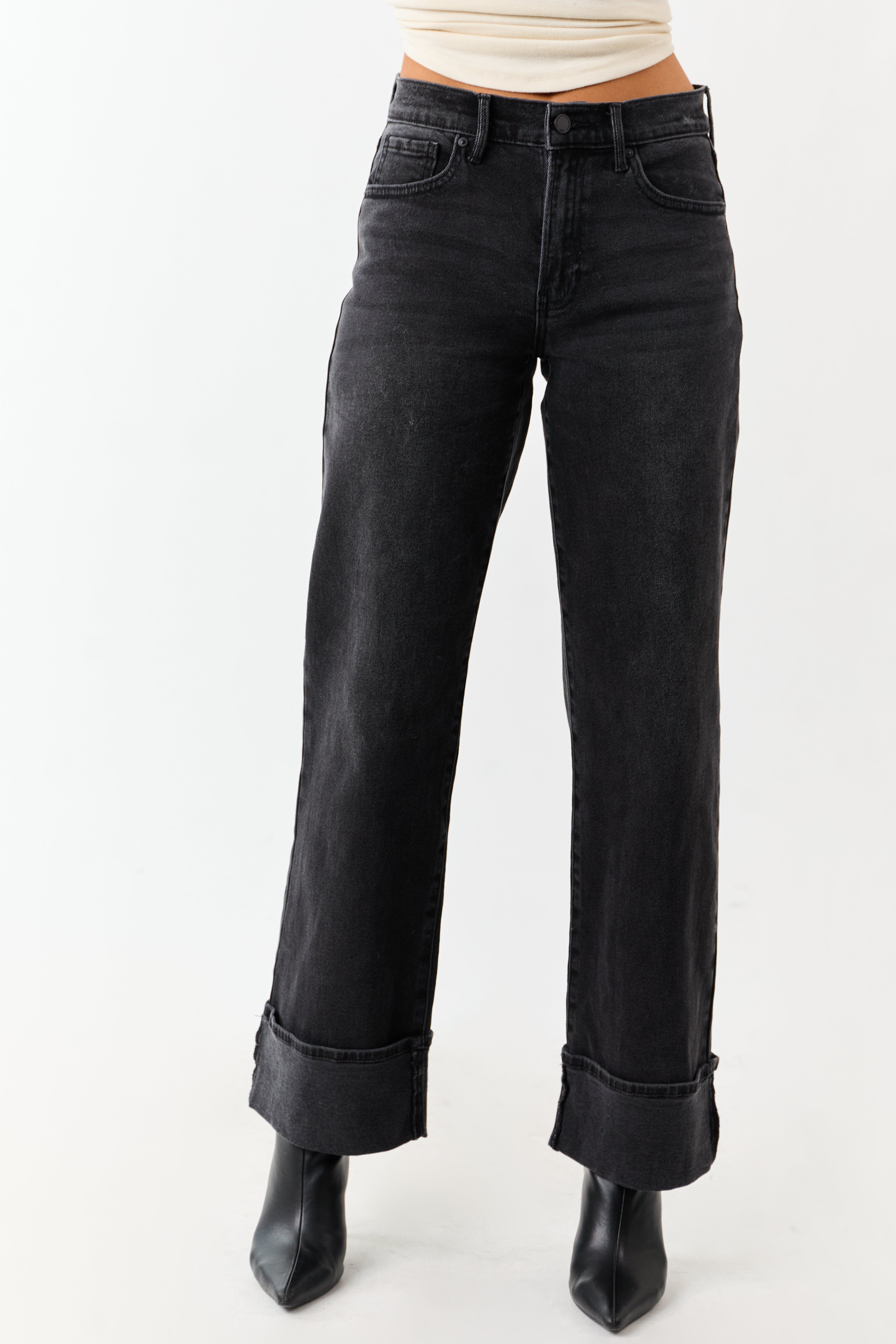 Black Washed Wide Leg Cuffed Stretchy Jeans | Lime Lush Boutique