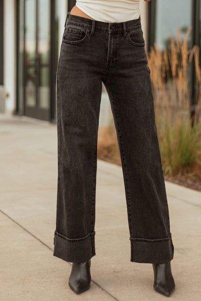 Black Washed Wide Leg Cuffed Stretchy Jeans