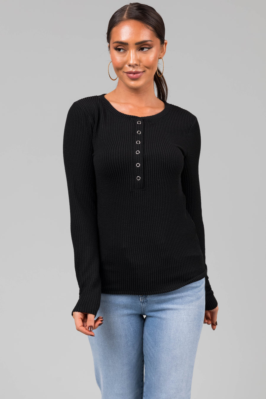 Black Wavy Ribbed Knit Snap Button Top