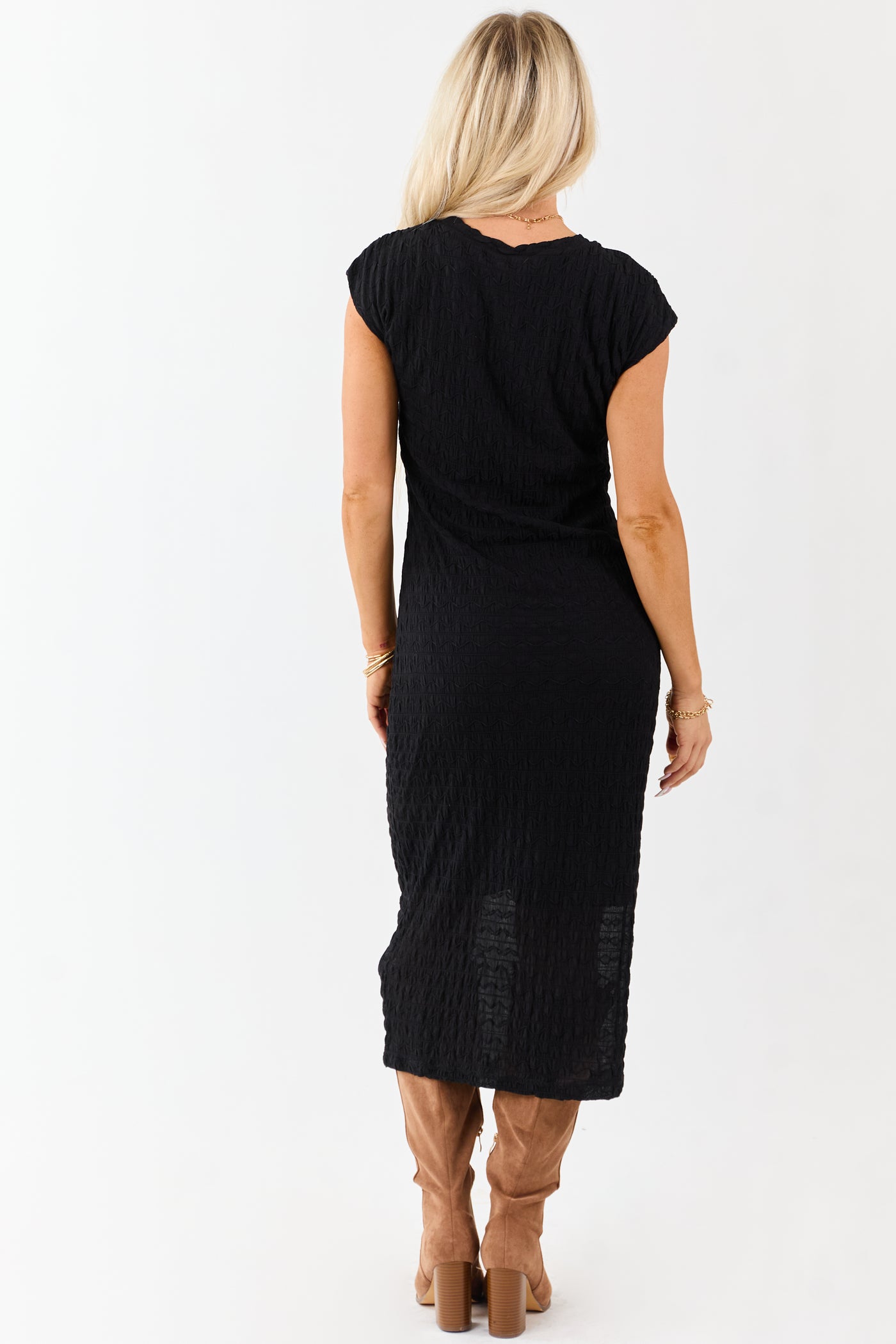 Black Wavy Textured Mesh Cap Sleeve Midi Dress