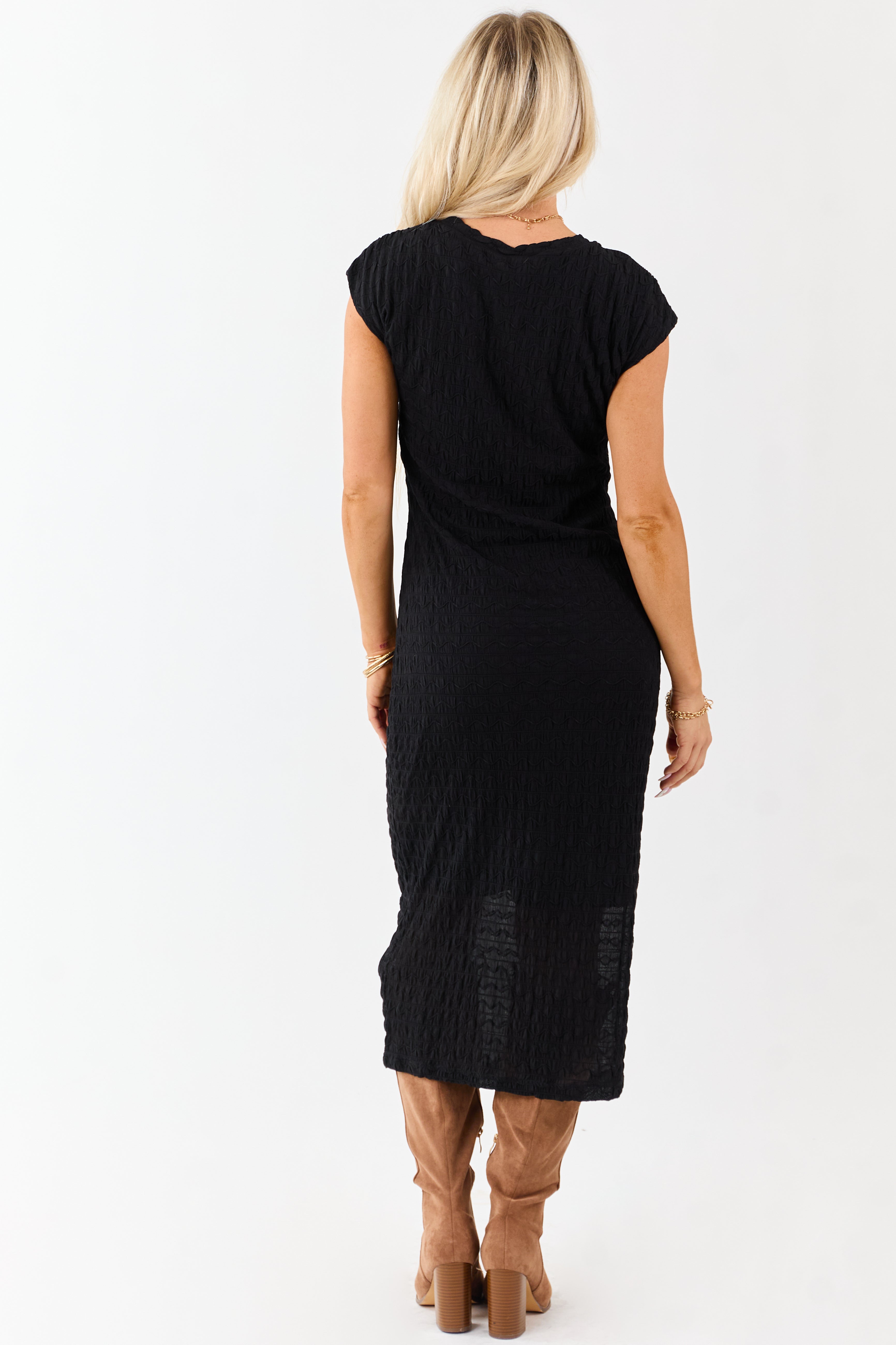 Black Wavy Textured Mesh Cap Sleeve Midi Dress