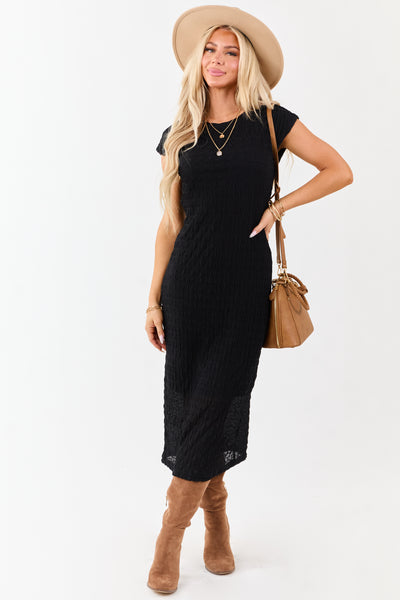 Black Wavy Textured Mesh Cap Sleeve Midi Dress