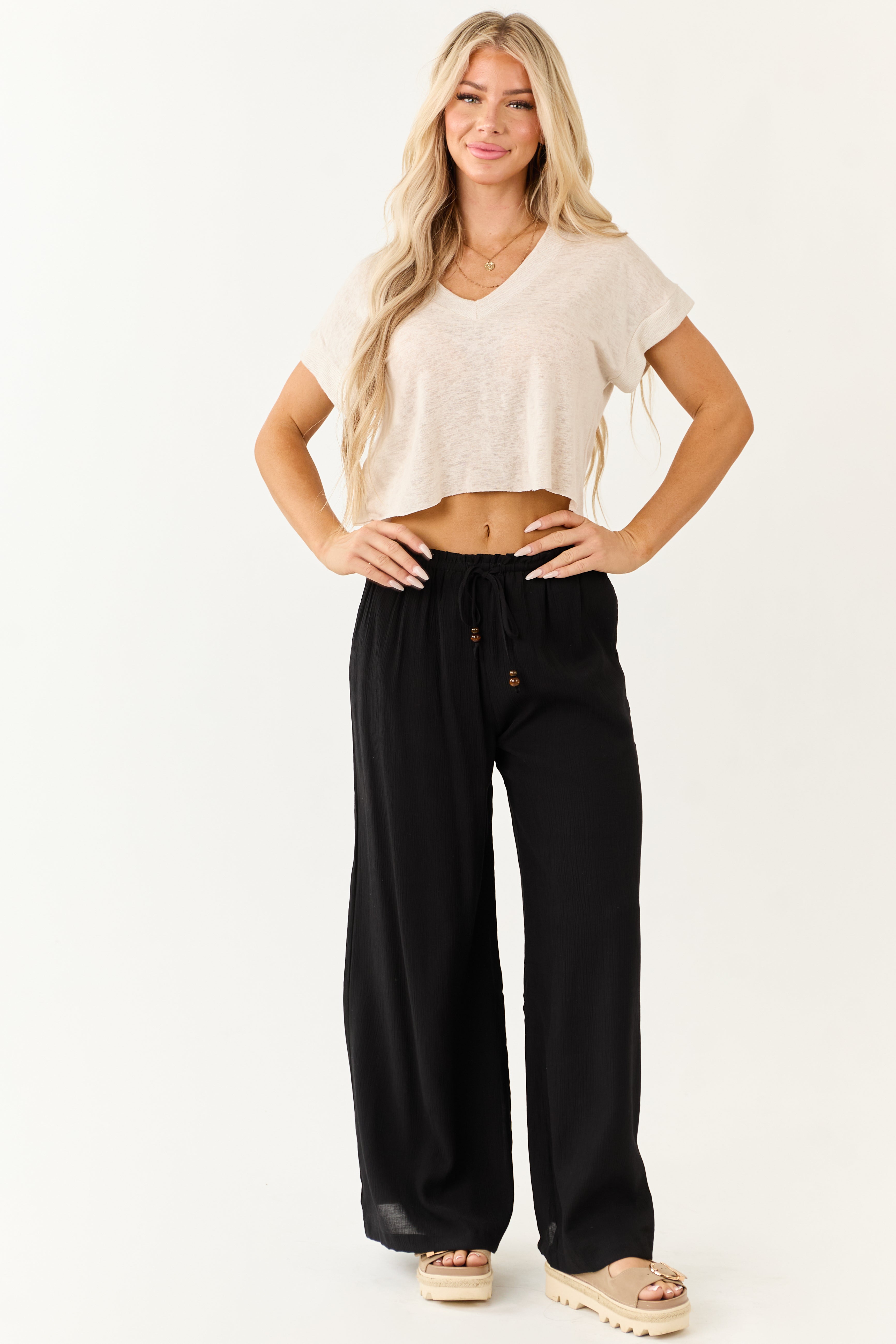 Black Wide Leg Drawstring High Waist Pants