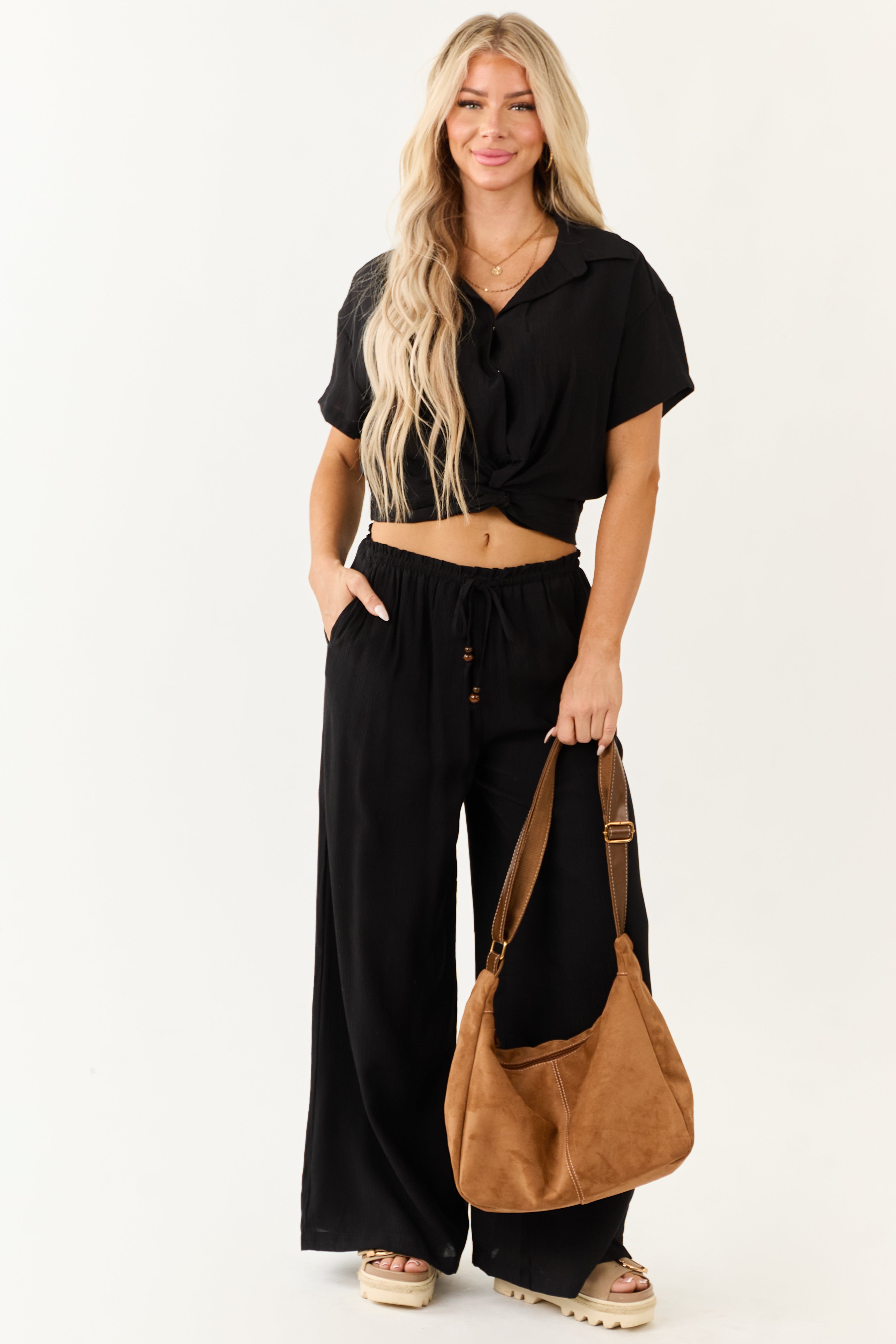 Black Wide Leg Drawstring High Waist Pants