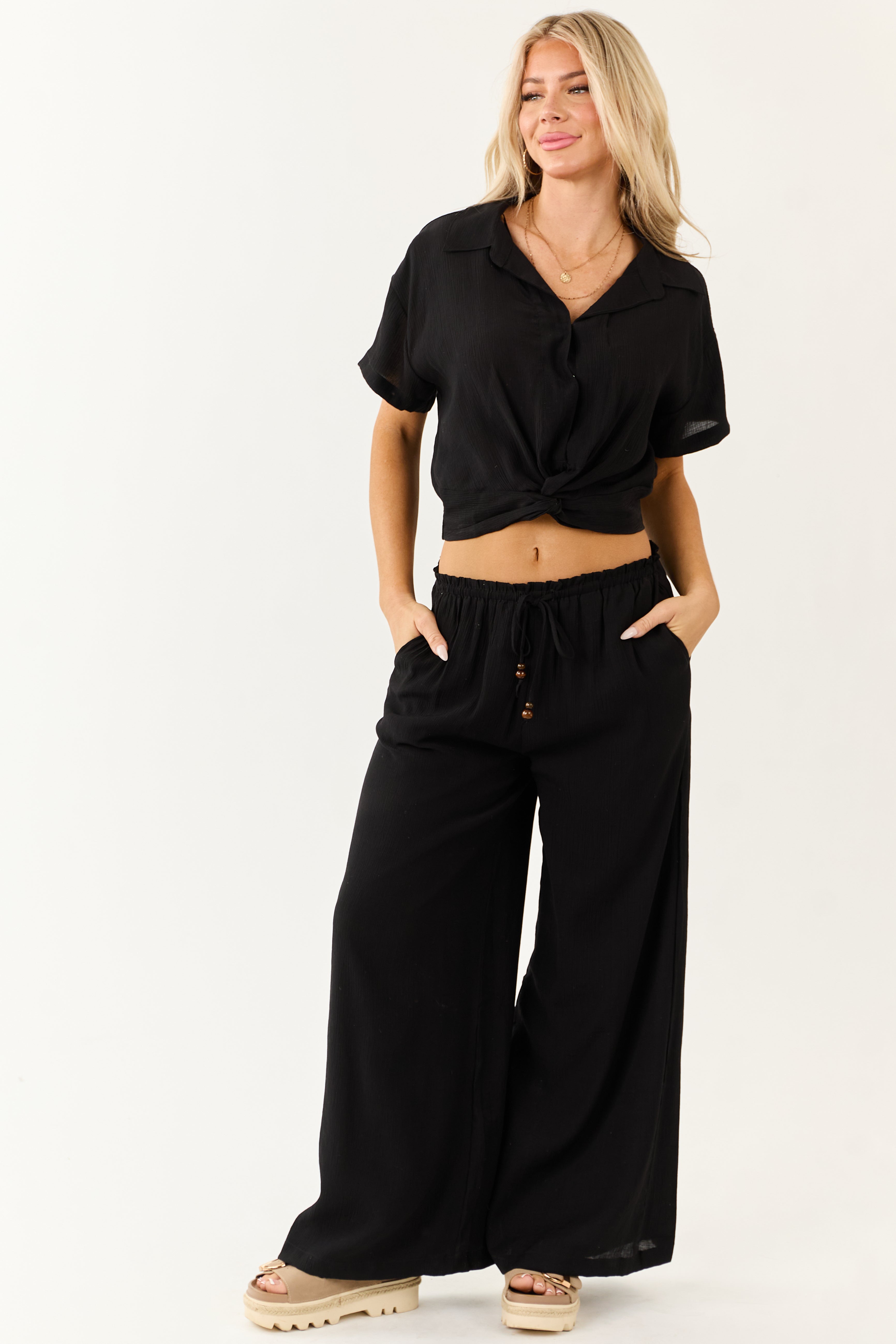 Black Wide Leg Drawstring High Waist Pants
