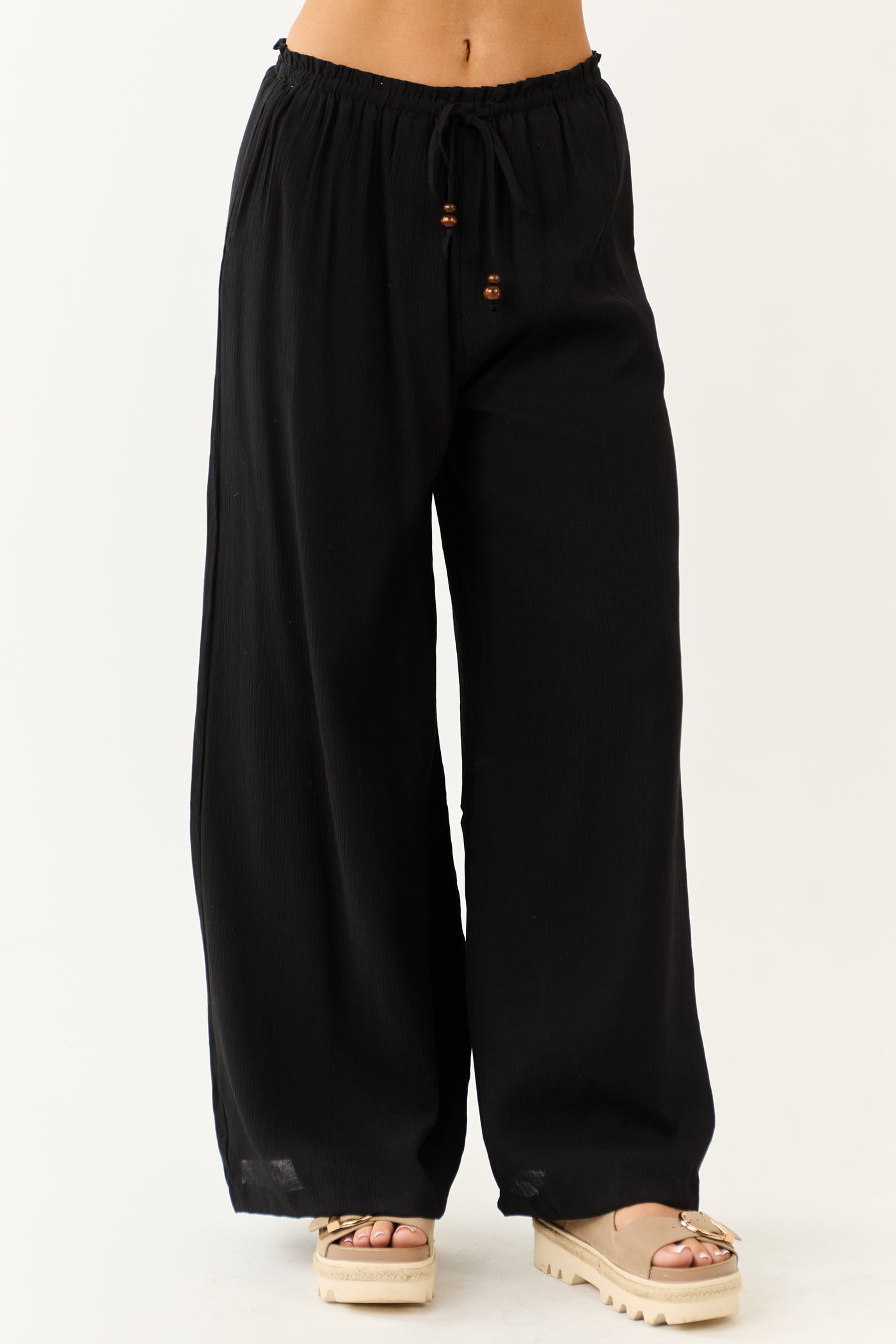 Black Wide Leg Drawstring High Waist Pants