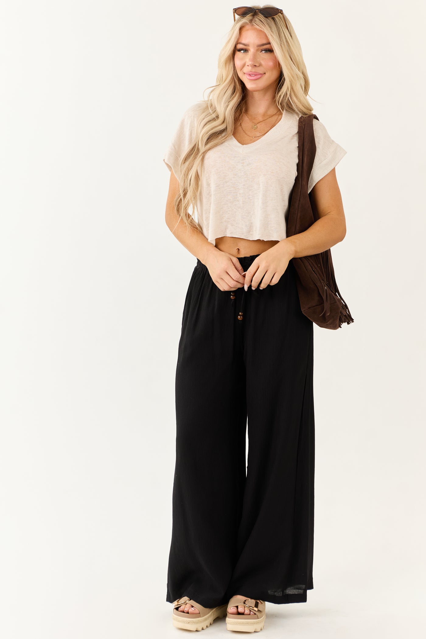 Black Wide Leg Drawstring High Waist Pants