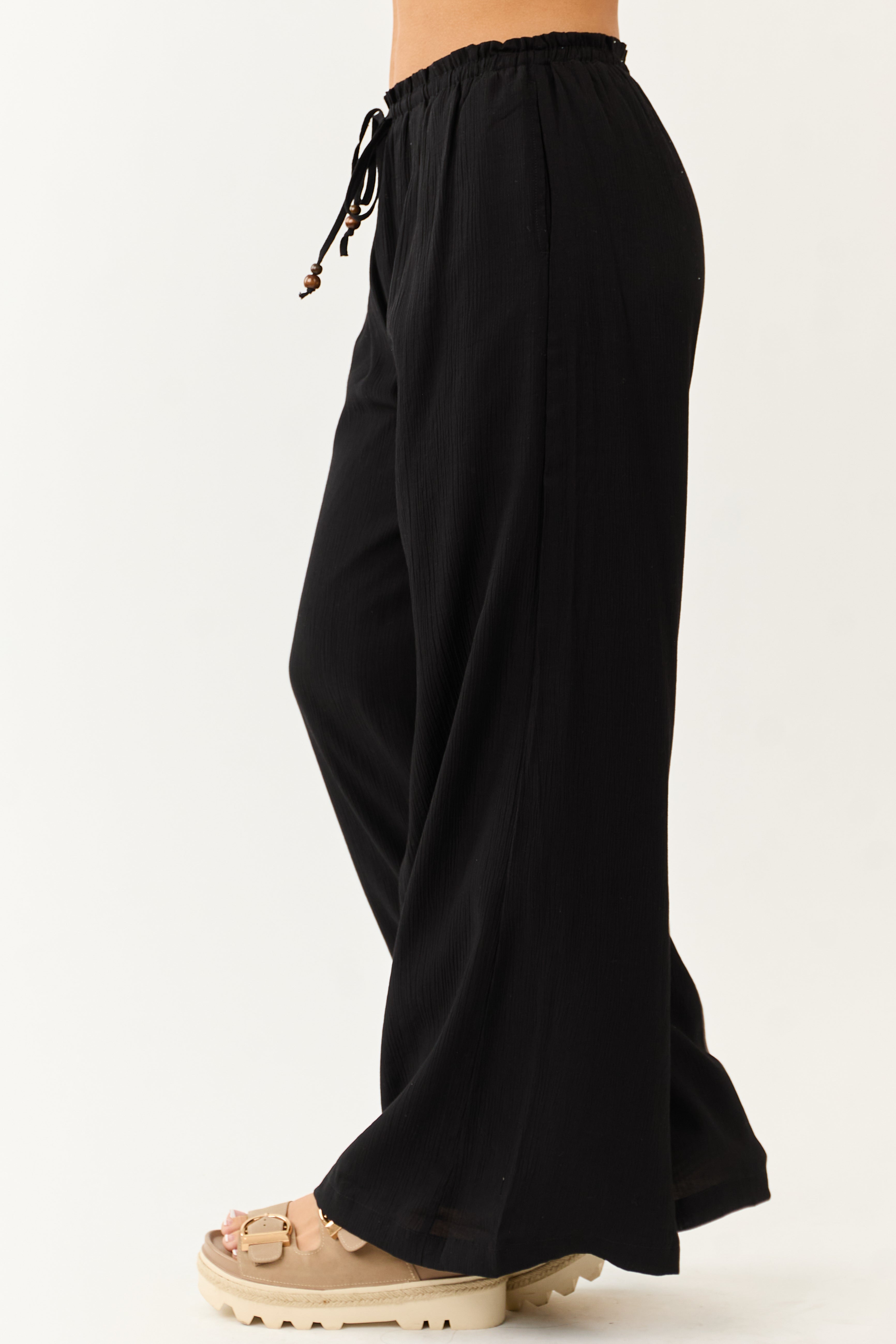 Black Wide Leg Drawstring High Waist Pants