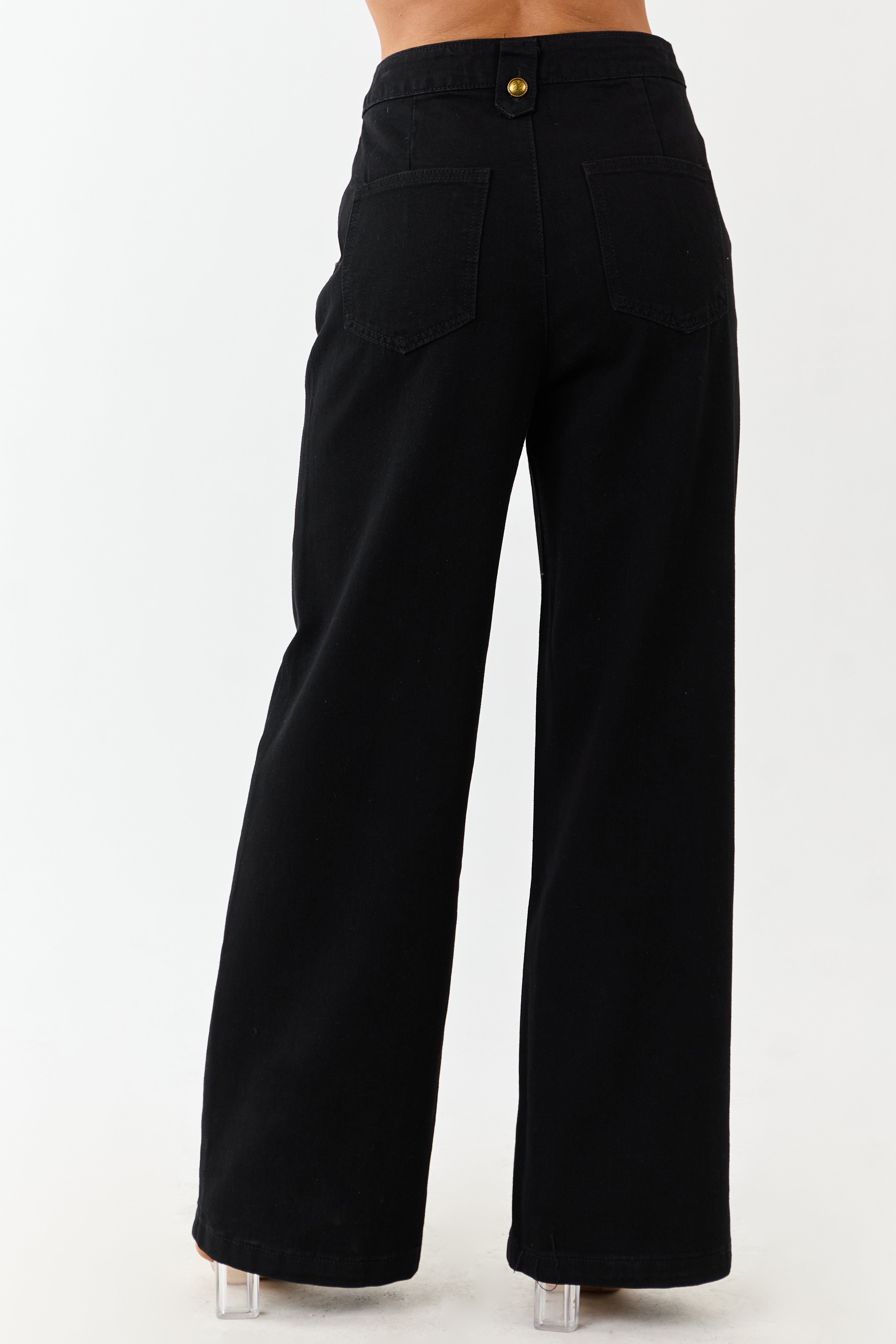 Black Wide Leg High Rise Gold Button Jeans