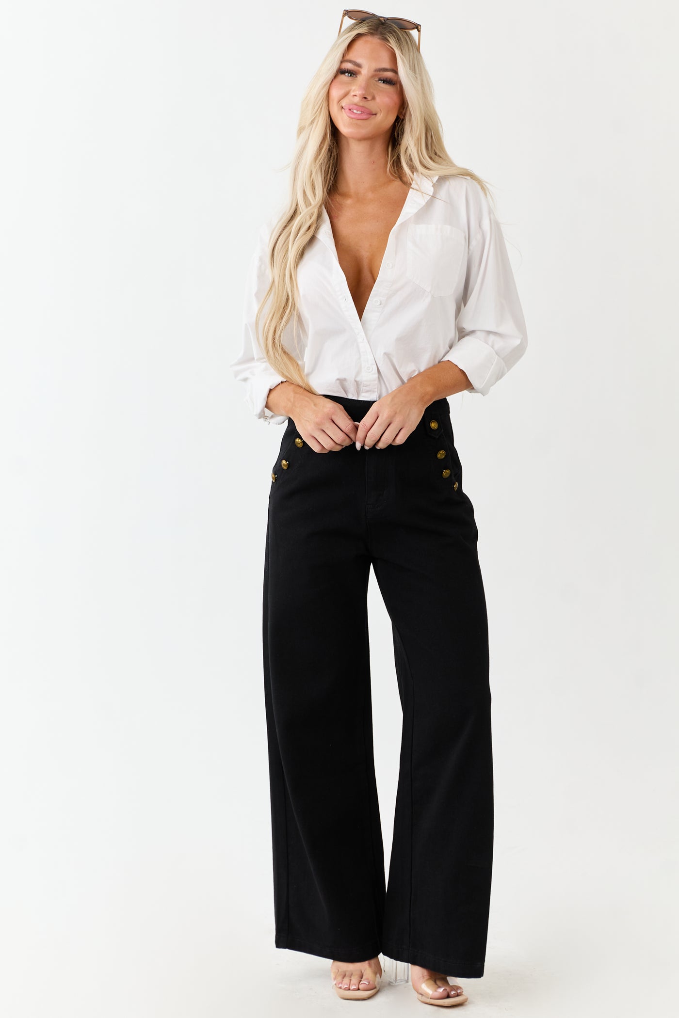 Black Wide Leg High Rise Gold Button Jeans
