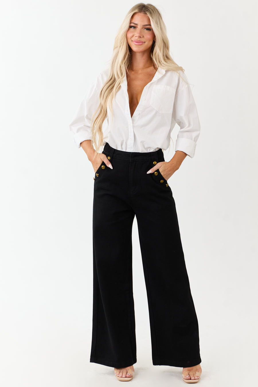 Black Wide Leg High Rise Gold Button Jeans