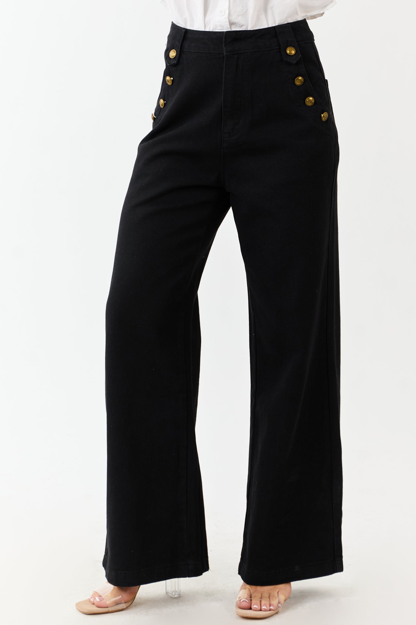 Black Wide Leg High Rise Gold Button Jeans