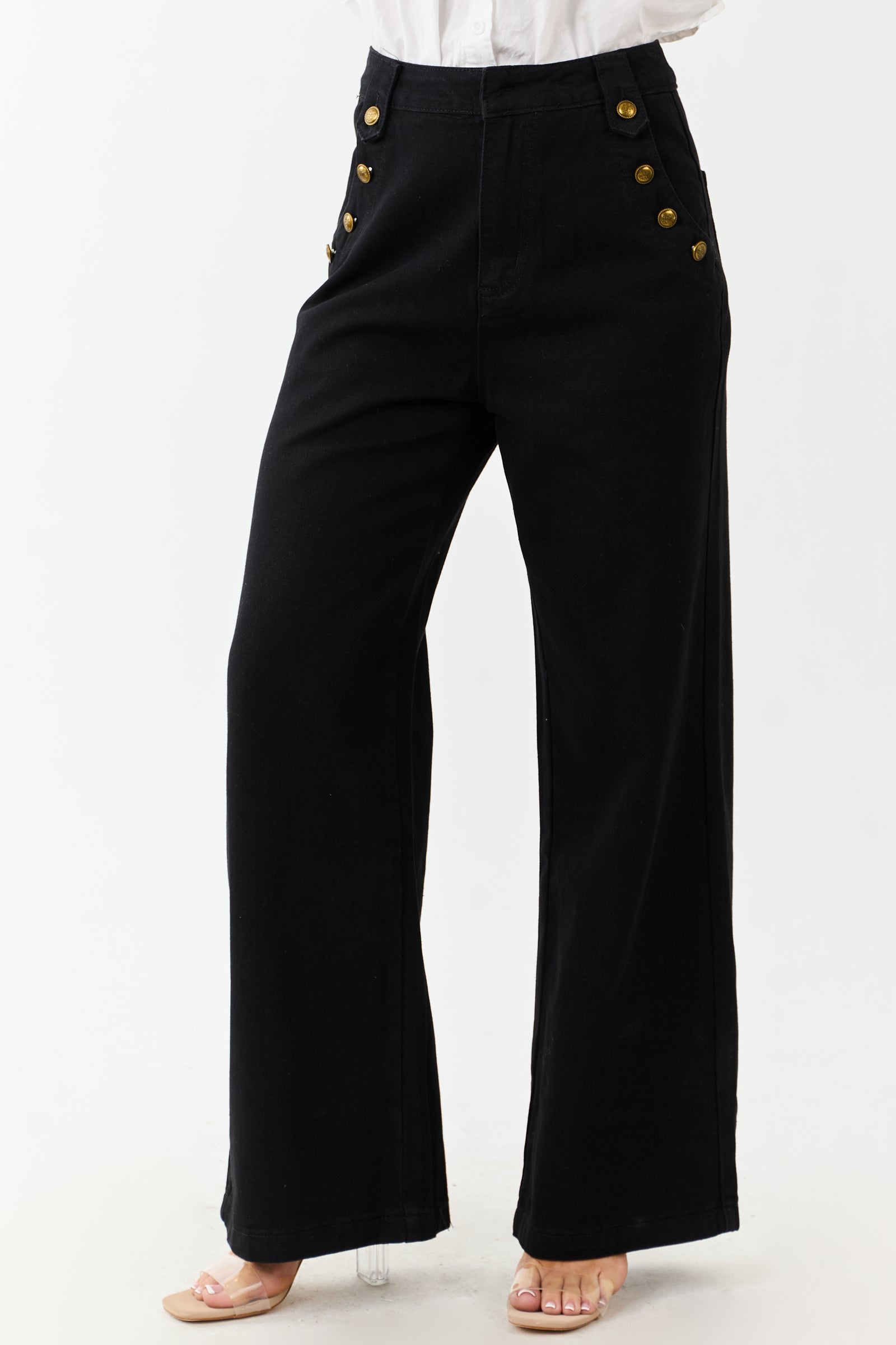 Black Wide Leg High Rise Gold Button Jeans | Lime Lush Boutique