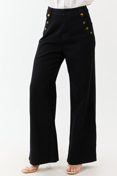 Black Wide Leg High Rise Gold Button Jeans