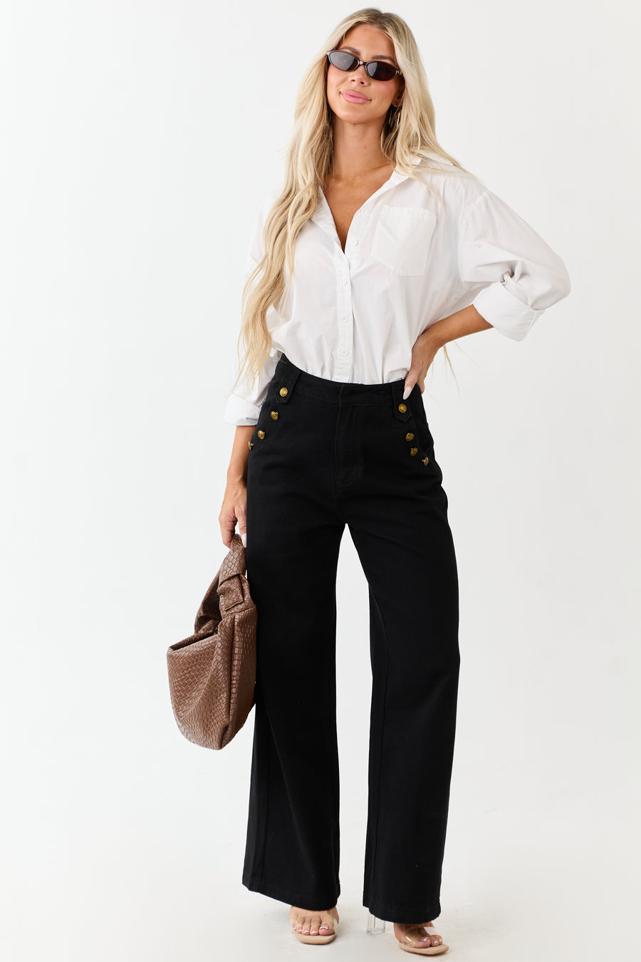 Black Wide Leg High Rise Gold Button Jeans | Lime Lush Boutique