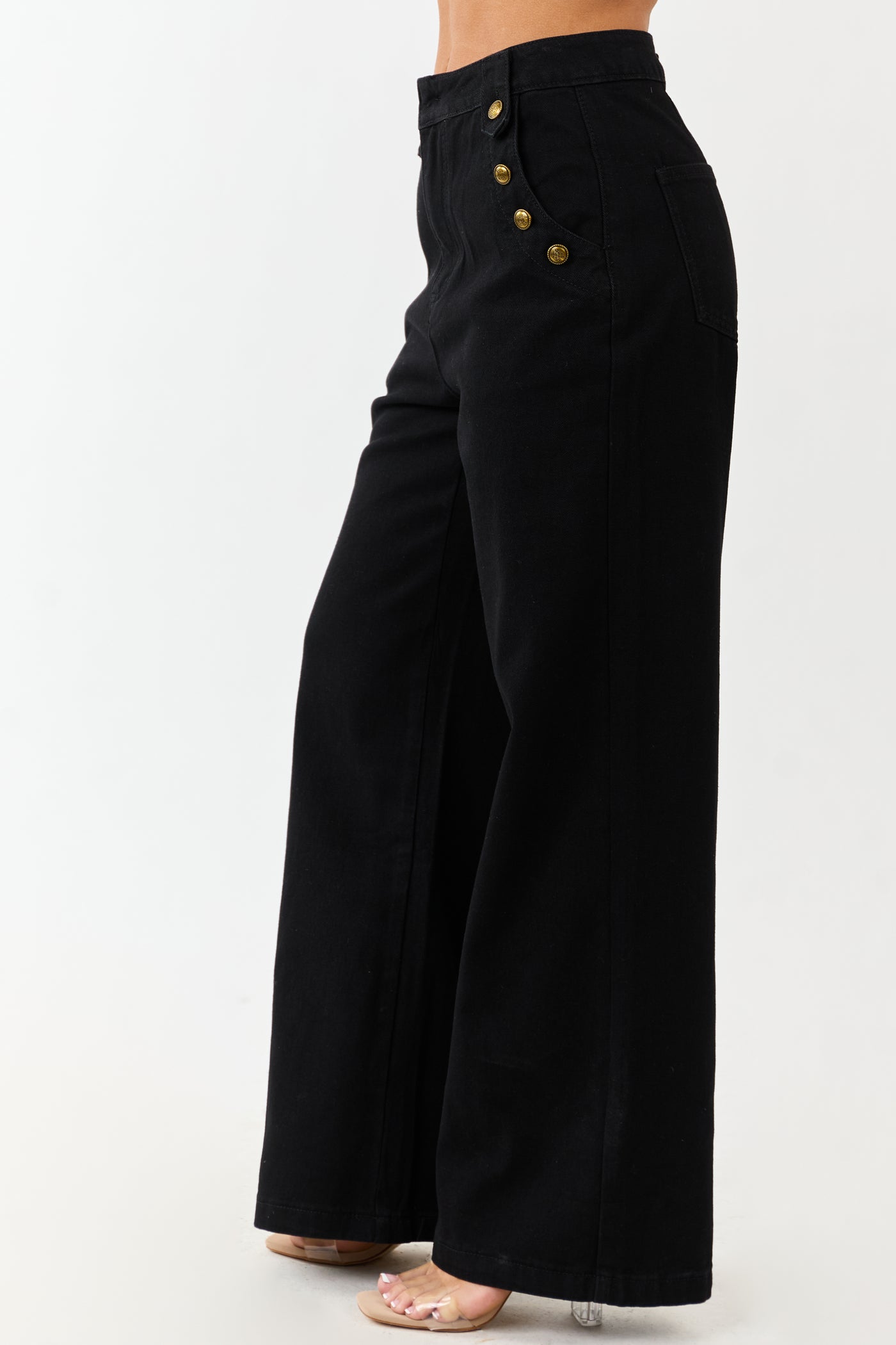 Black Wide Leg High Rise Gold Button Jeans