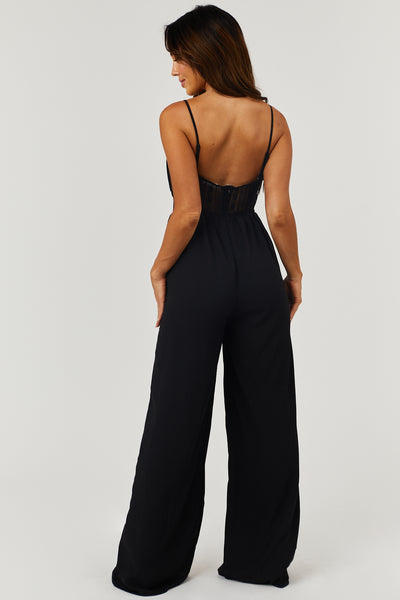 Black Wide Leg Jumpsuit with Sheer Lace Waist