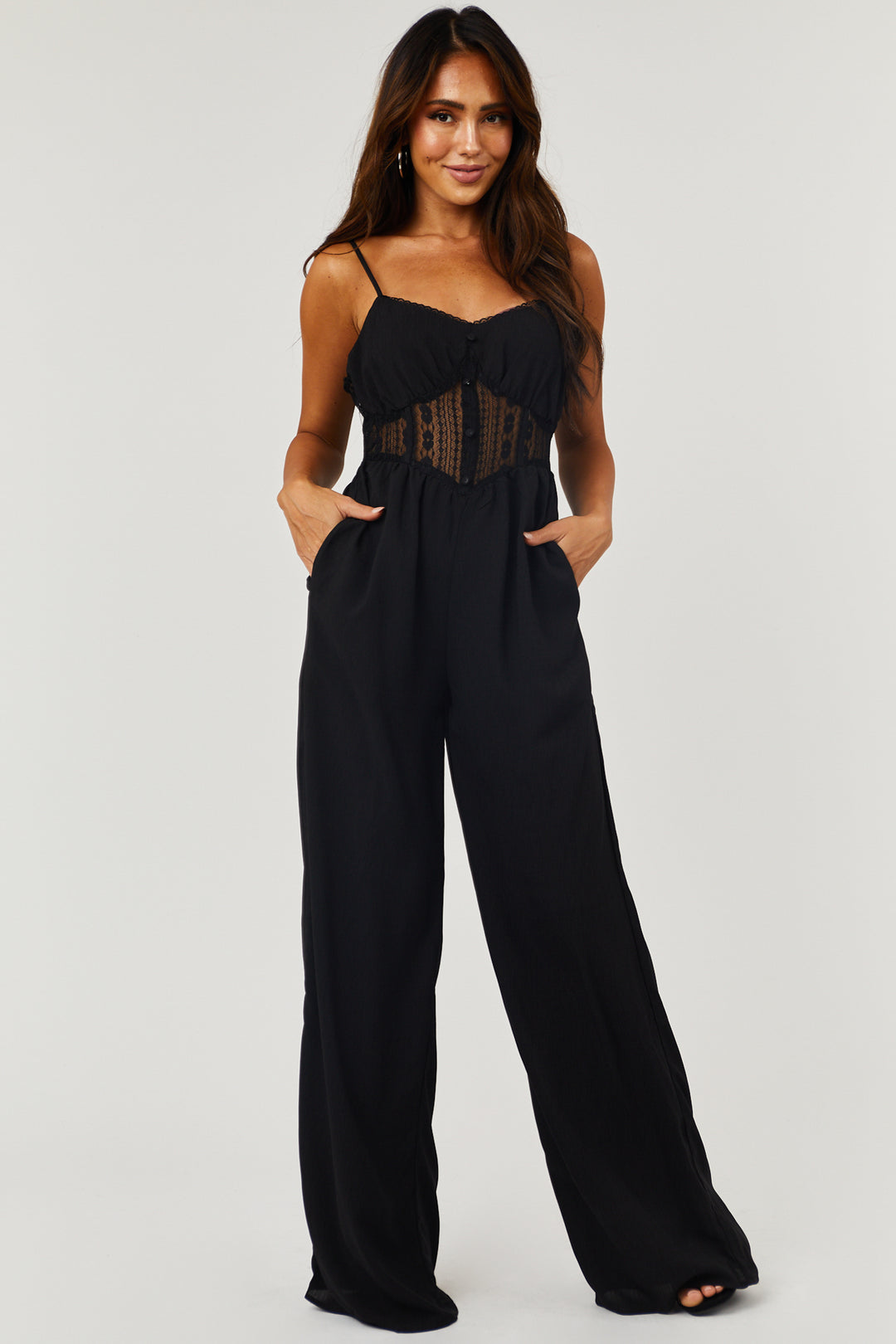 Black Wide Leg Jumpsuit with Sheer Lace Waist & Lime Lush