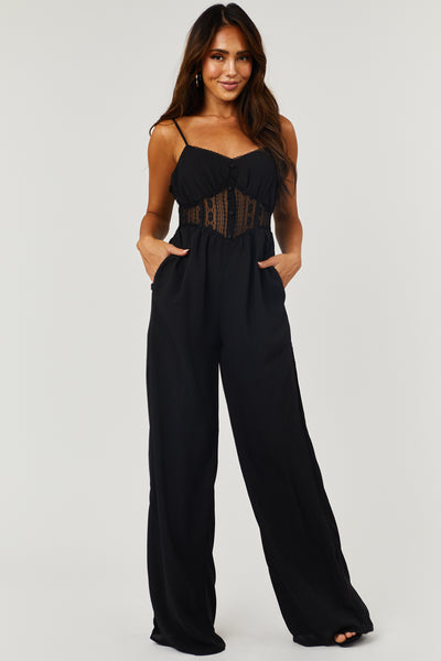 Black Wide Leg Jumpsuit with Sheer Lace Waist