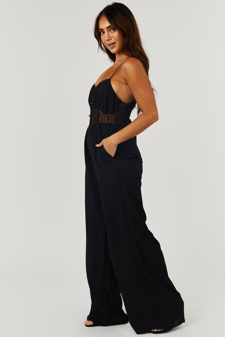 Black Wide Leg Jumpsuit with Sheer Lace Waist
