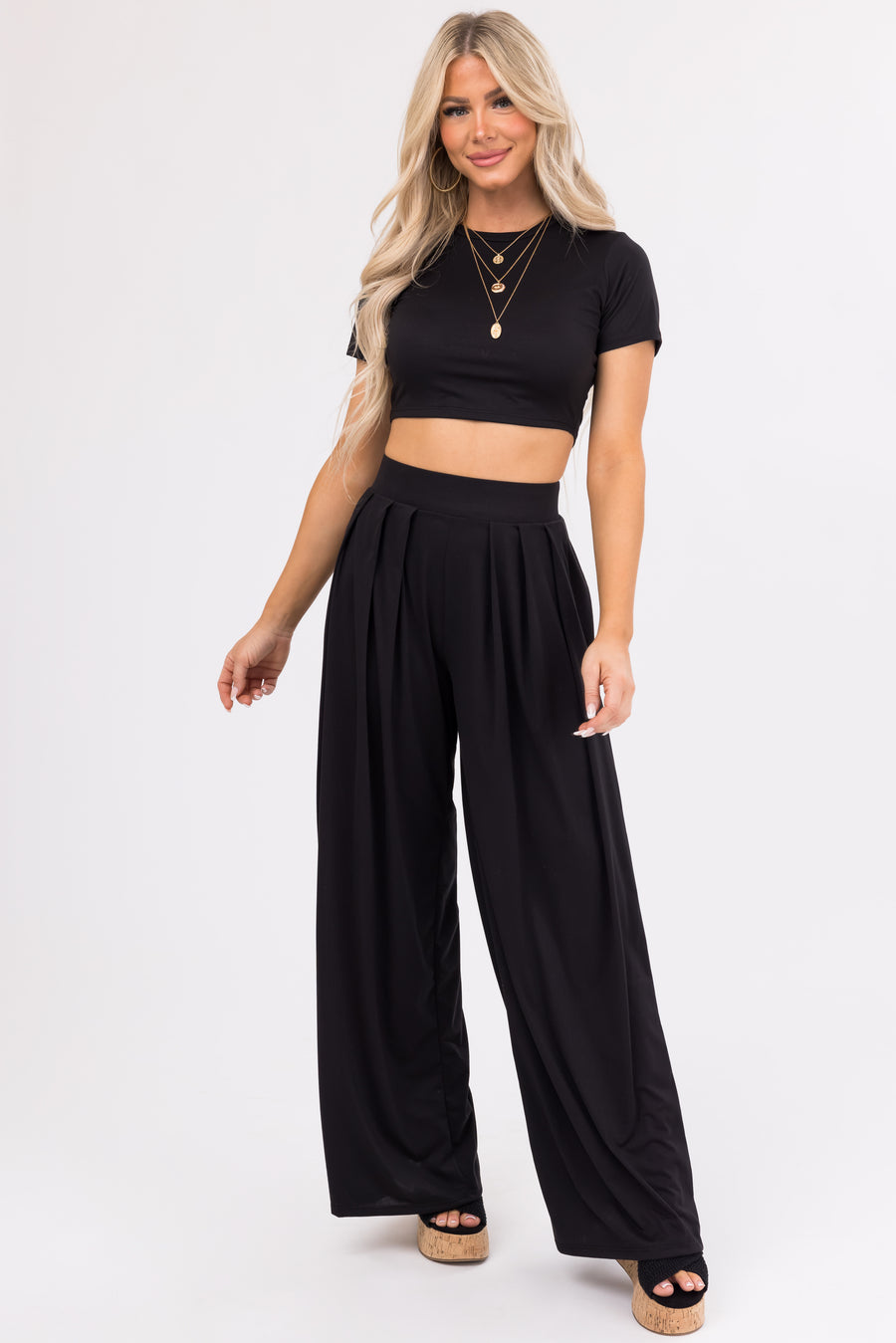 Black Wide Leg Pants with Crop Top Set