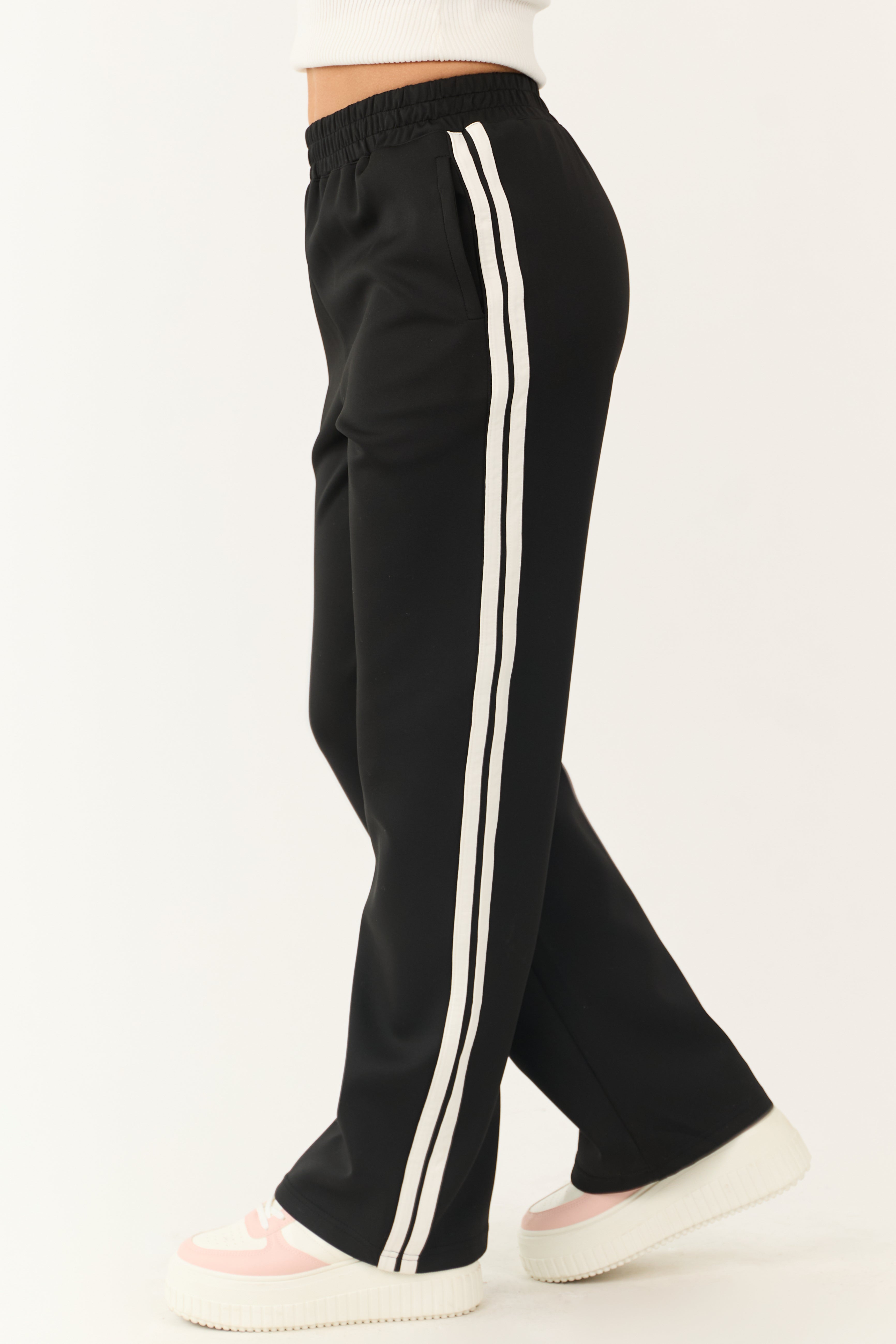 Black Wide Leg Side Stripe Detail Track Pants | Lime Lush