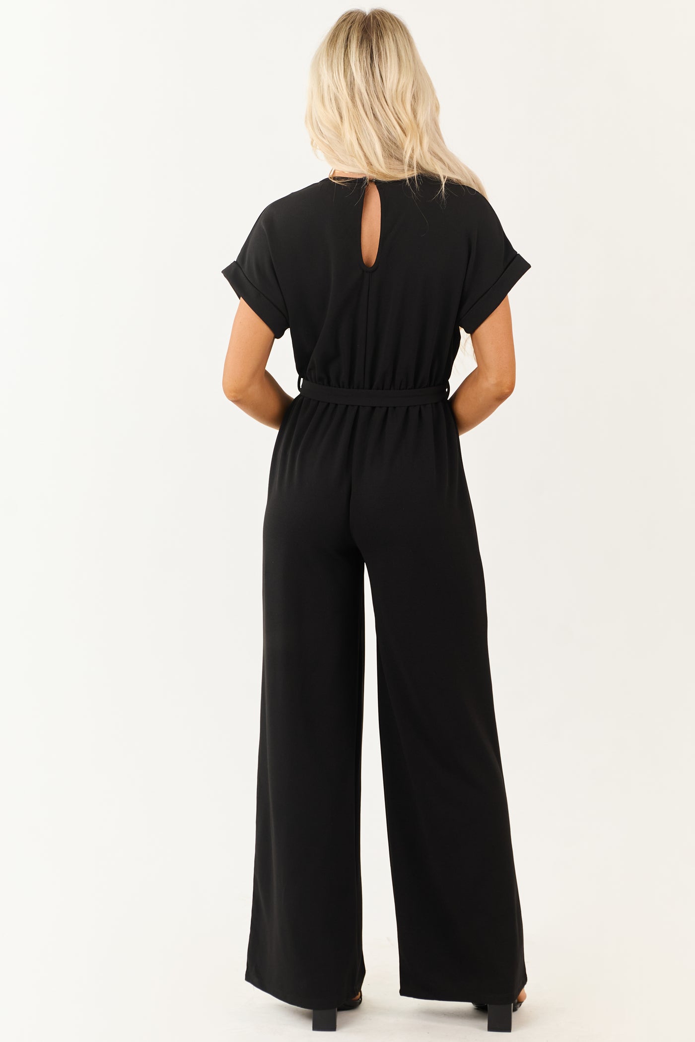 Black Wide Leg Waist Tie Surplice Bodice Jumpsuit