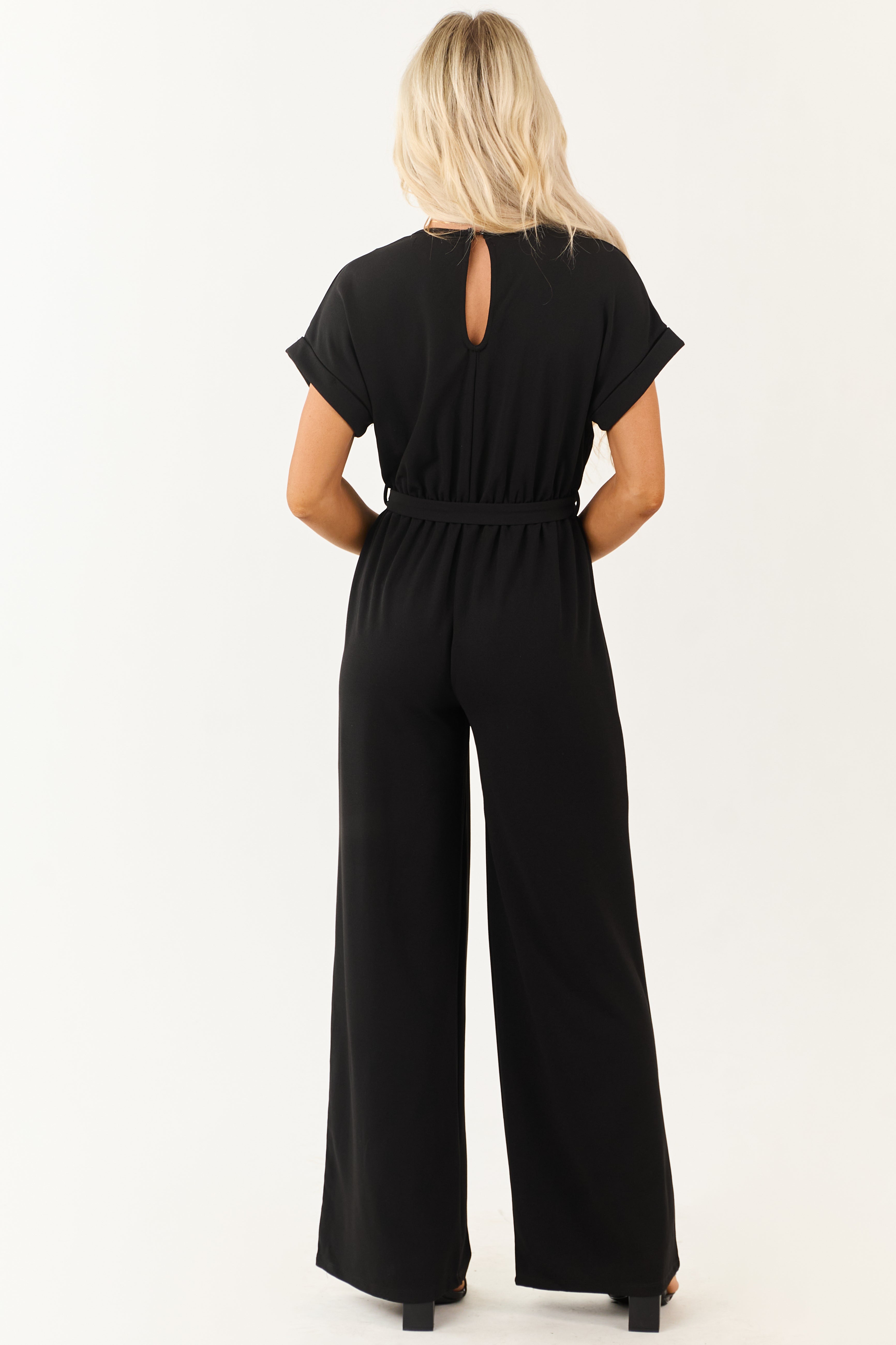 Black Wide Leg Waist Tie Surplice Bodice Jumpsuit