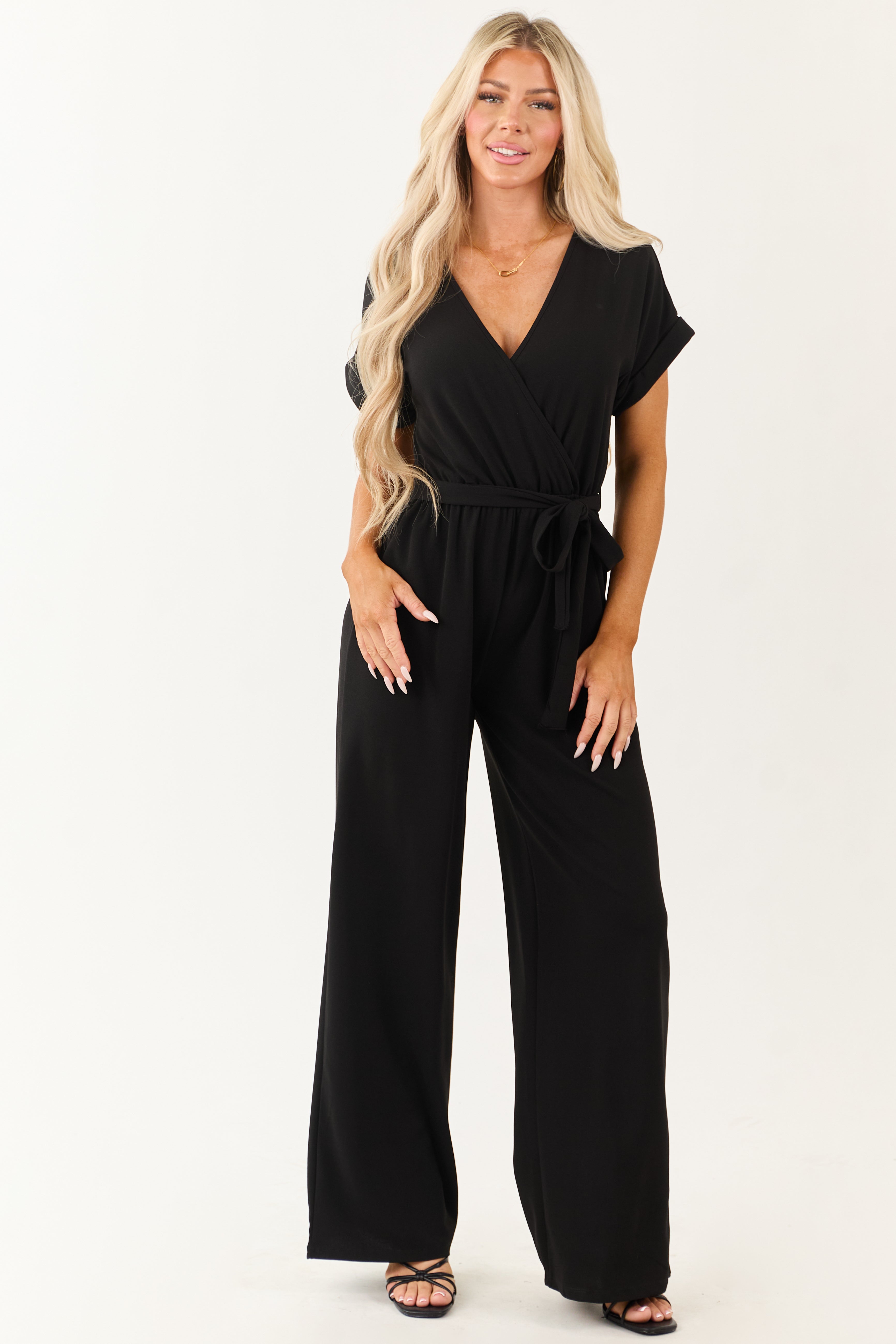 Black Wide Leg Waist Tie Surplice Bodice Jumpsuit | Lime Lush Boutique