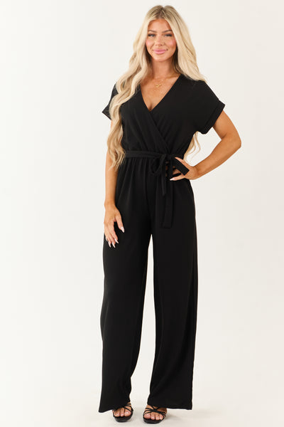 Black Wide Leg Waist Tie Surplice Bodice Jumpsuit