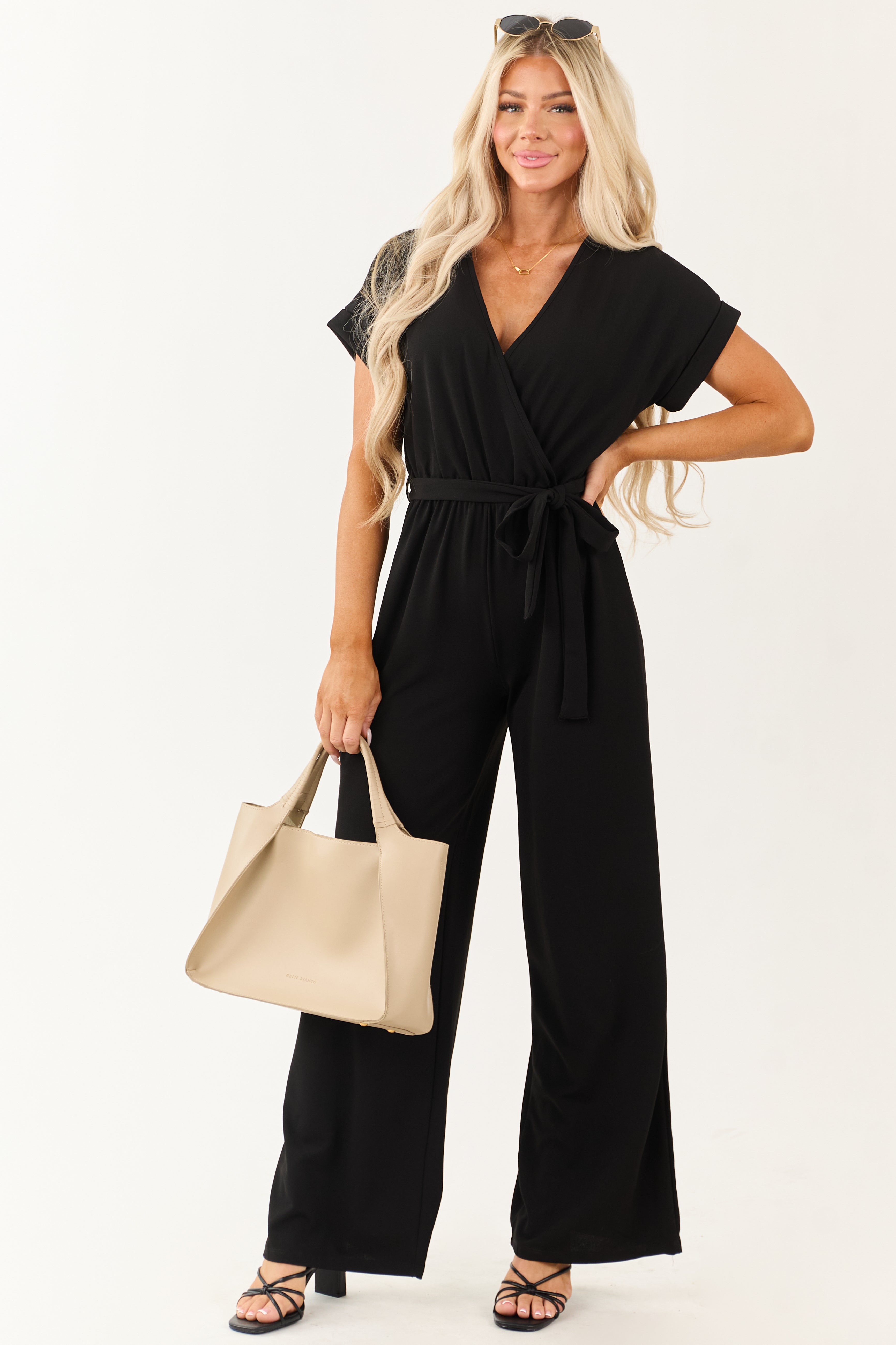 Black Wide Leg Waist Tie Surplice Bodice Jumpsuit