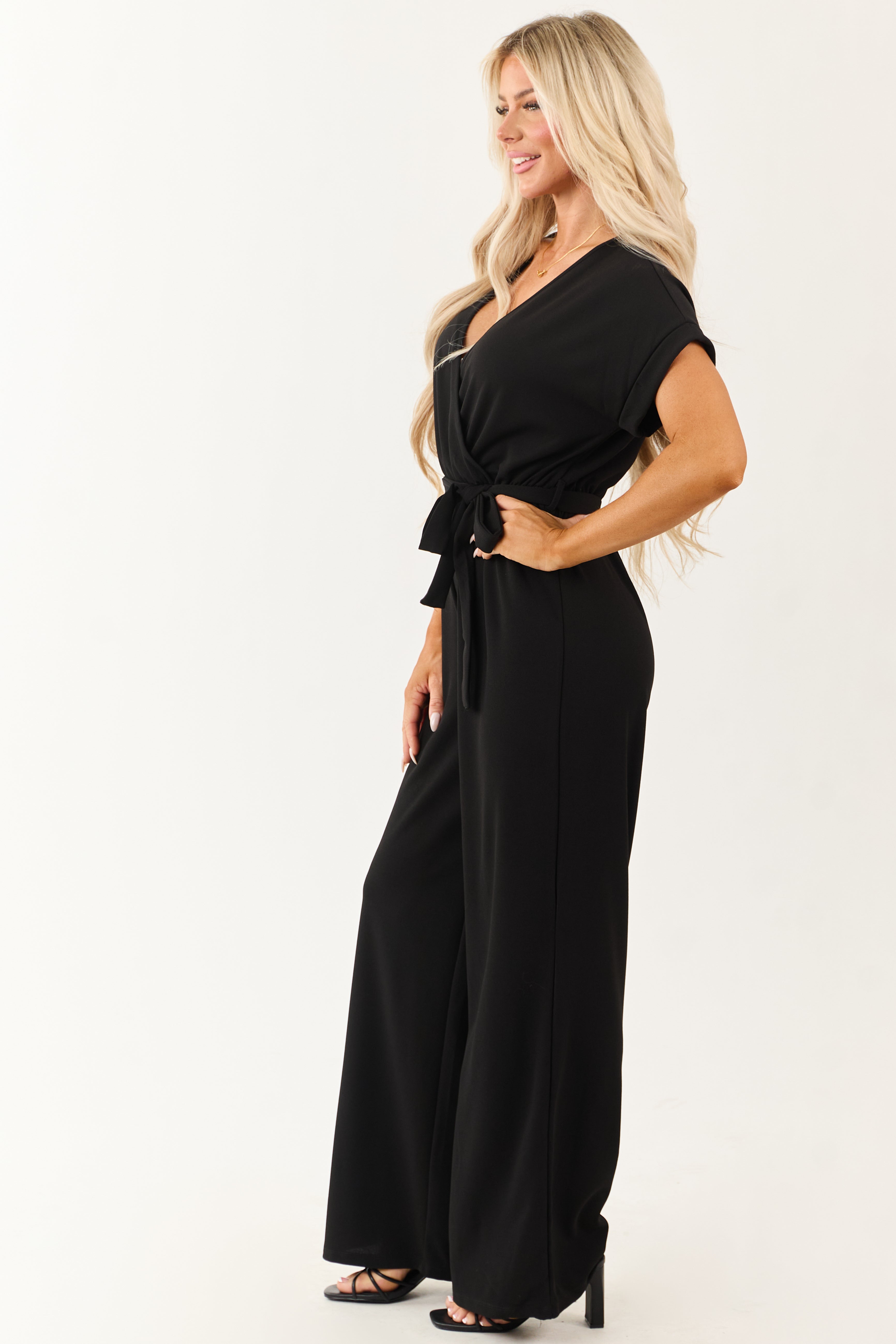 Black Wide Leg Waist Tie Surplice Bodice Jumpsuit