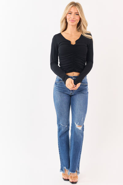 Black Wired U Notch Neckline Shirred Long Sleeve Top