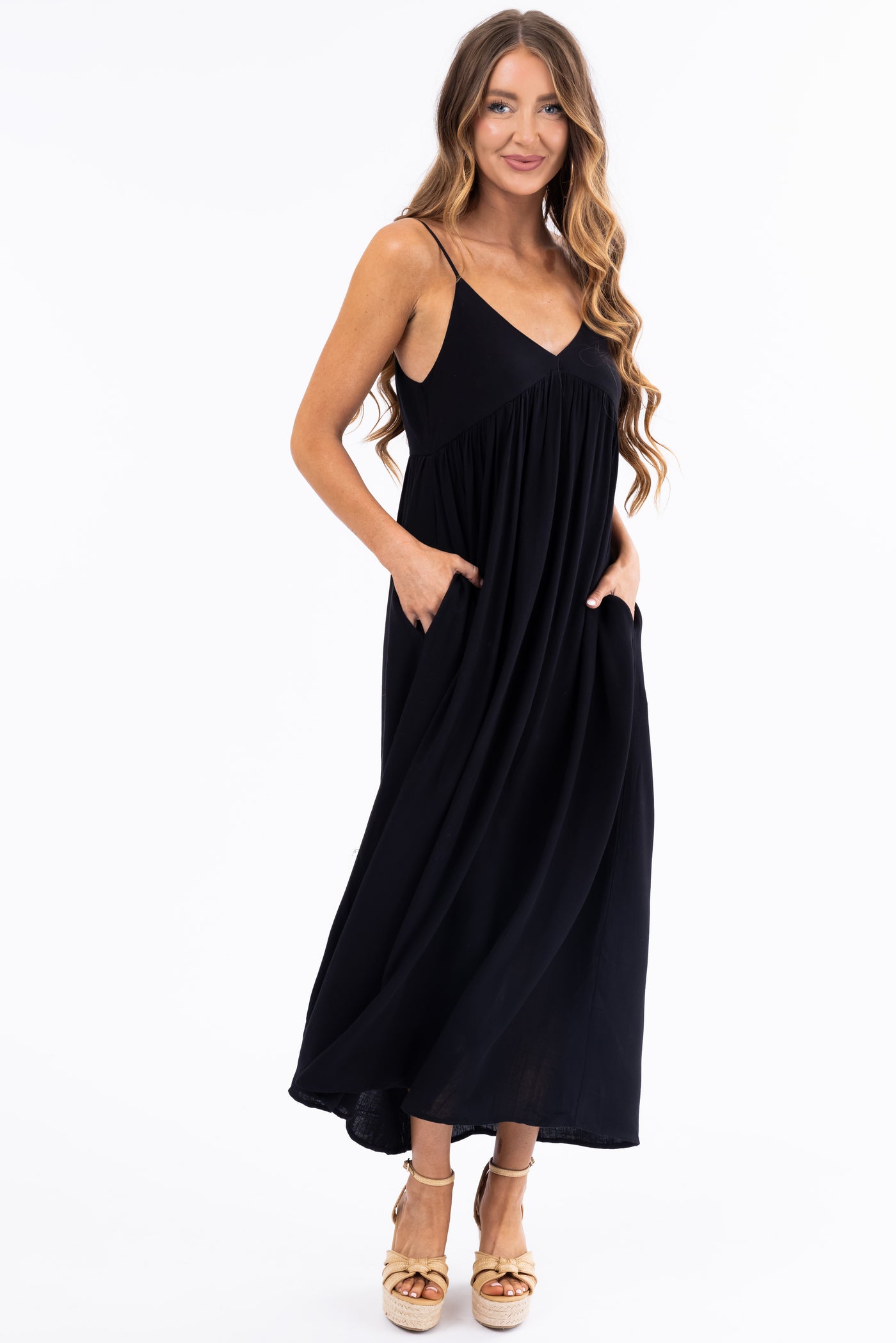 Black Woven Strapless Flowy Midi Dress