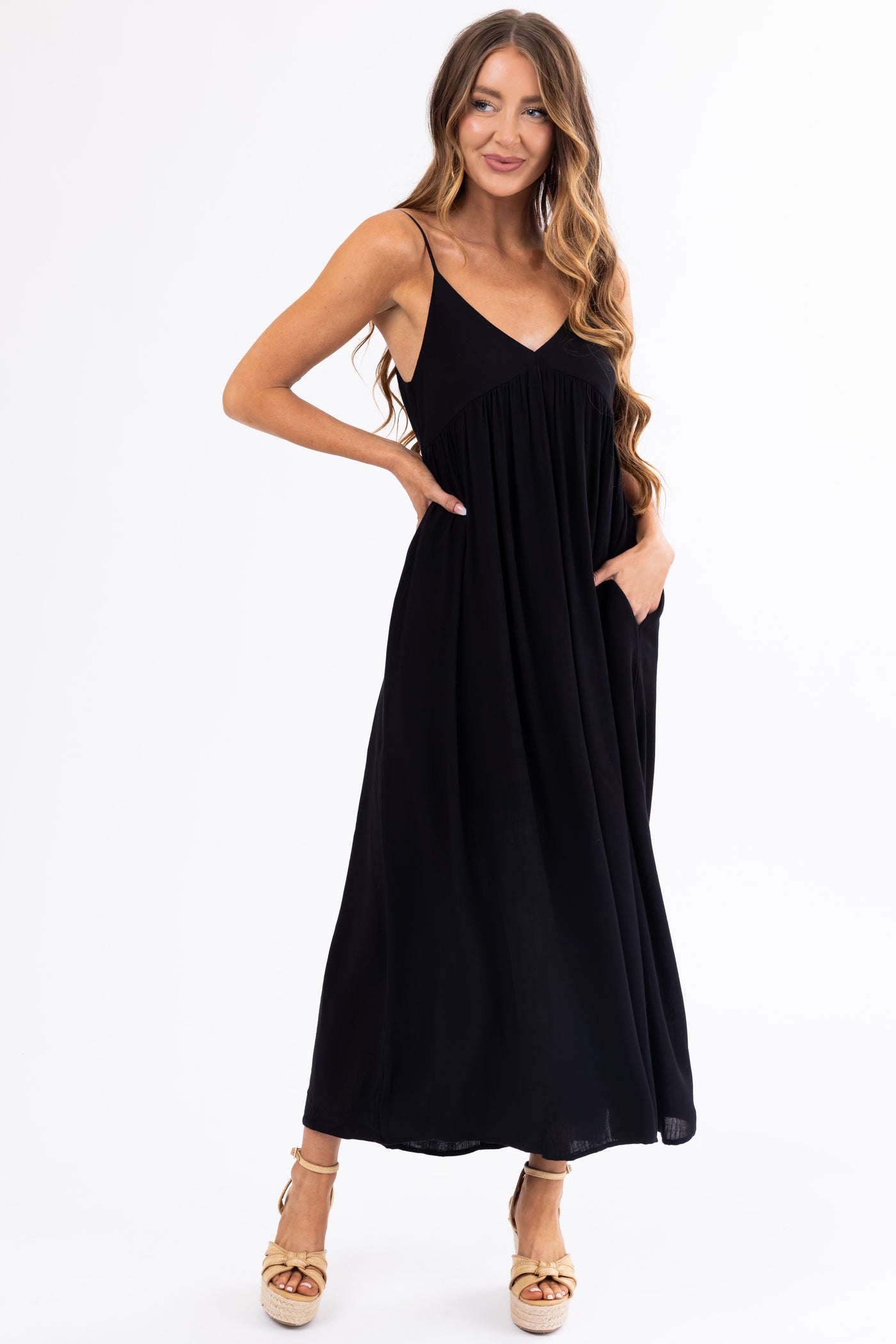 Black Woven Strapless Flowy Midi Dress