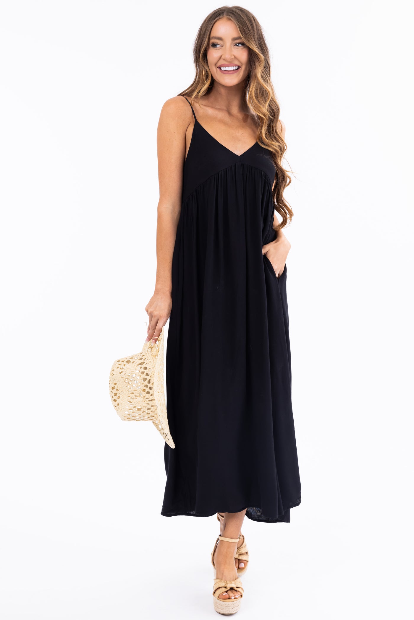 Black Woven Strapless Flowy Midi Dress