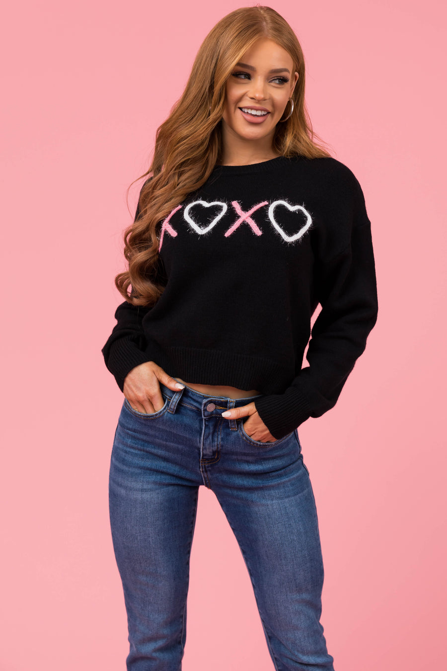 Black 'XOXO' Tinsel Graphic Mid Length Sweater