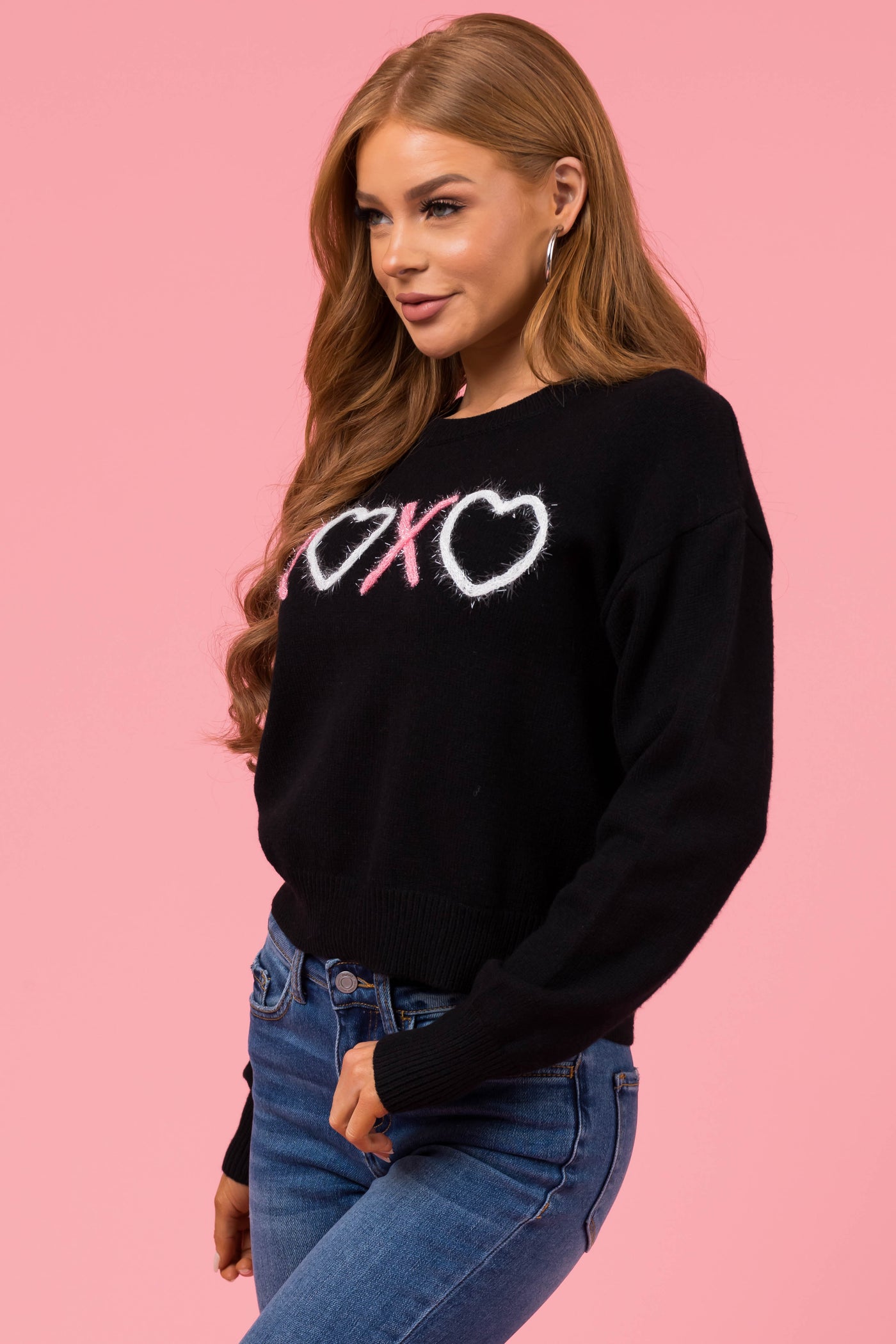 Black 'XOXO' Tinsel Graphic Mid Length Sweater