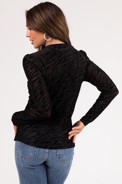 Black Zebra Print Velvet Long Sleeve Top