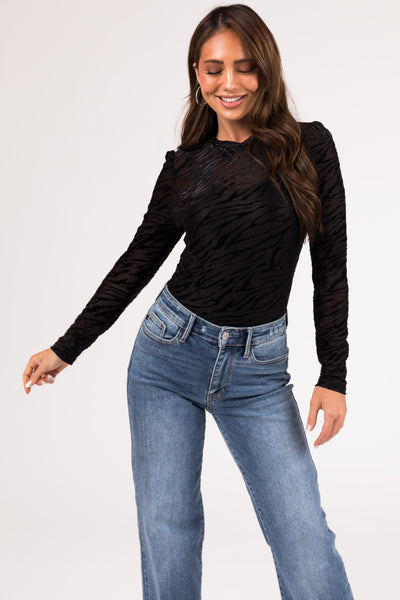Black Zebra Print Velvet Long Sleeve Top