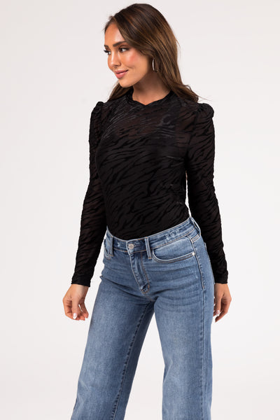 Black Zebra Print Velvet Long Sleeve Top