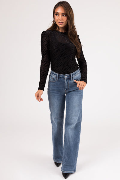Black Zebra Print Velvet Long Sleeve Top