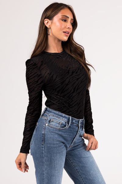 Black Zebra Print Velvet Long Sleeve Top