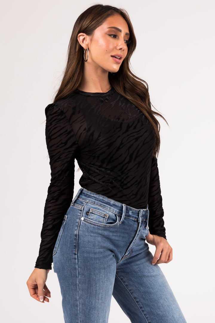 Black Zebra Print Velvet Long Sleeve Top